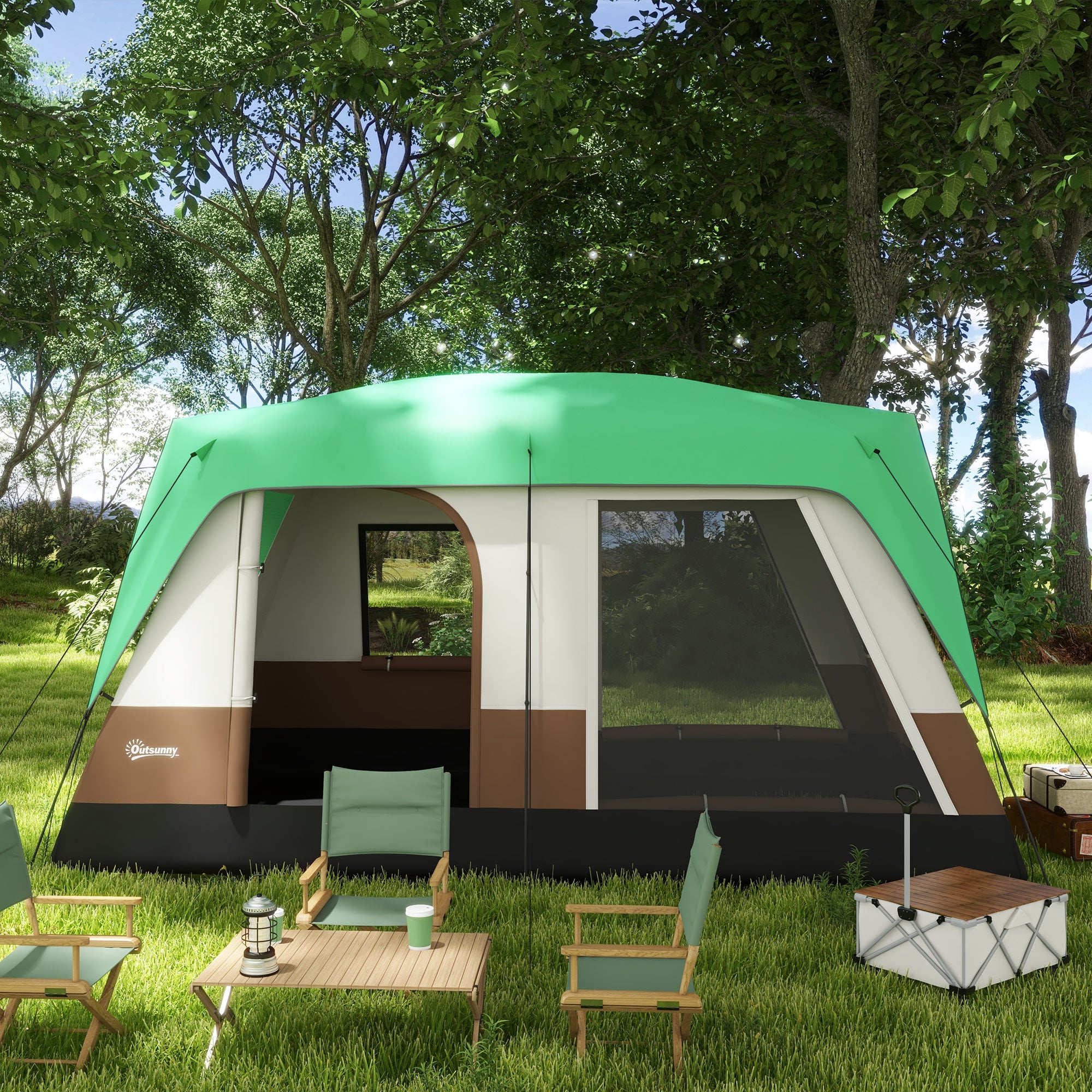 Outsunny Six-Man Camping Tent, with Small Rainfly and Accessories - Green