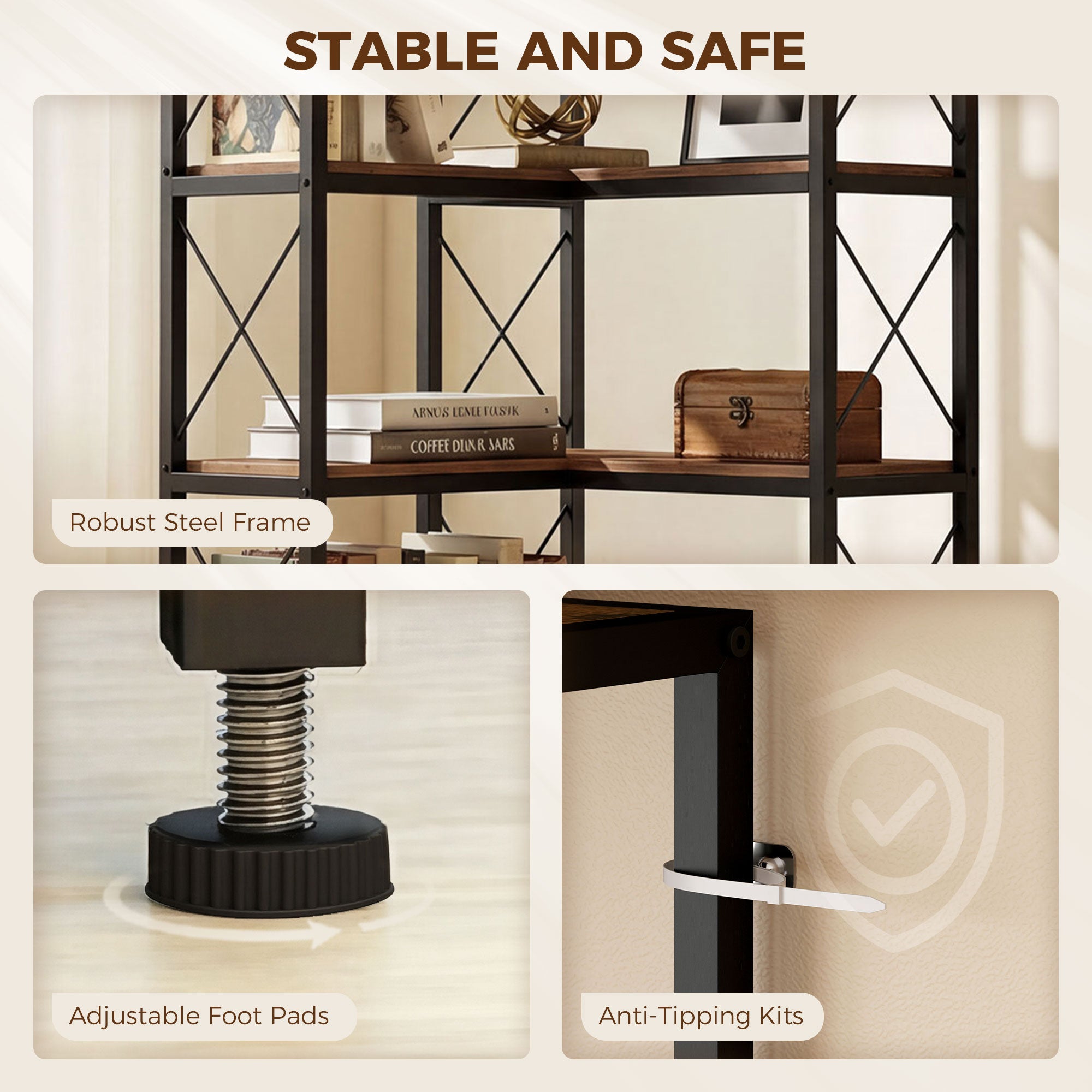 HOMCOM 5-Tier L-Shaped Bookshelf, Freestanding Corner Bookcase with Metal Frame, Rustic Brown