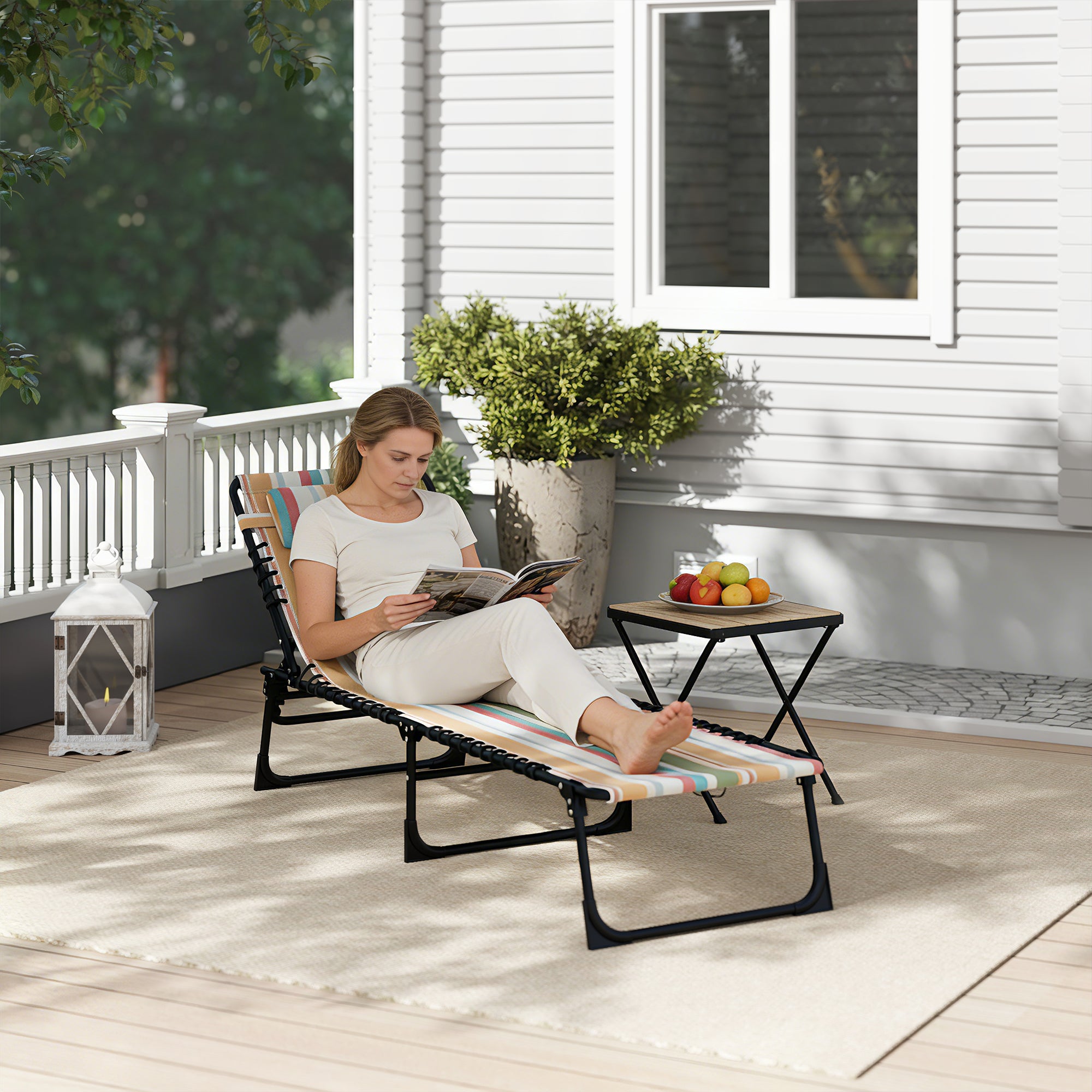 Outsunny Folding Sun Lounger Beach Chaise Chair Garden Reclining Cot Camping Recliner with 4 Position Adjustable Multicolored