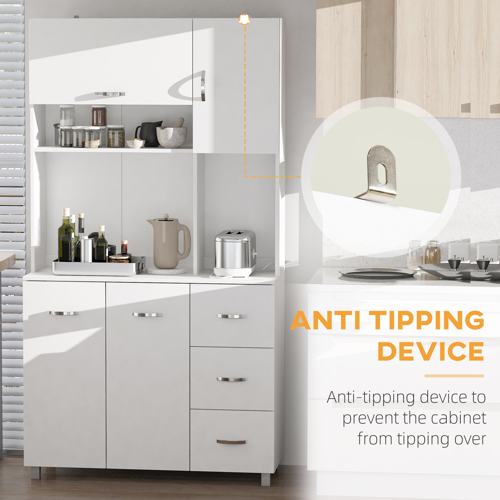 HOMCOM Freestanding Kitchen Cupboard, Storage Cabinet with Doors and Shelves, Drawers, Open Compartments for Microwave,White