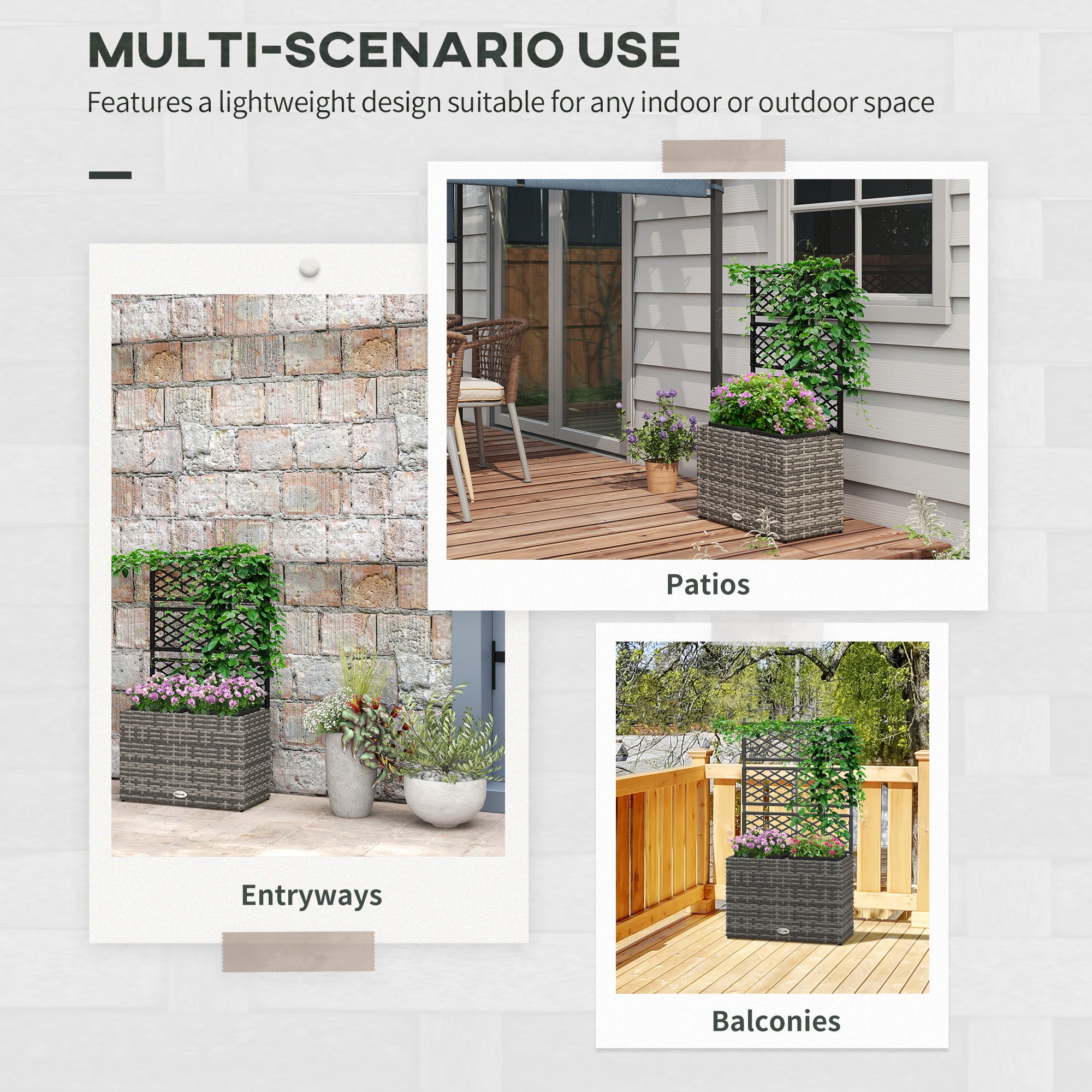 Outsunny 22L Garden PE Rattan Planter with Trellis, Free Standing Flower Raised Bed with Two Plant Boxes for Garden, Garden Planter for Climbing Plants, 57cm x 30cm x 107cm, Mixed Grey - North Peak Garden Furniture