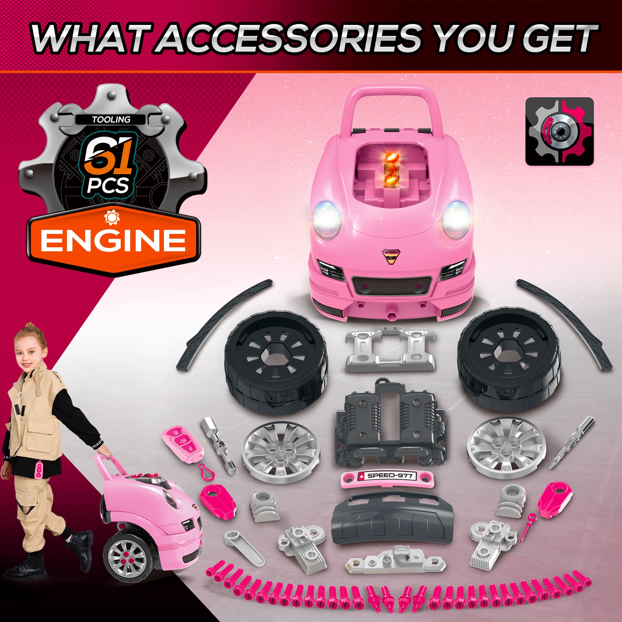 HOMCOM Kids Truck Engine Toy Set, with Horn, Light, Car Key, for Ages 3-5 Years - Pink - North Peak Garden Furniture