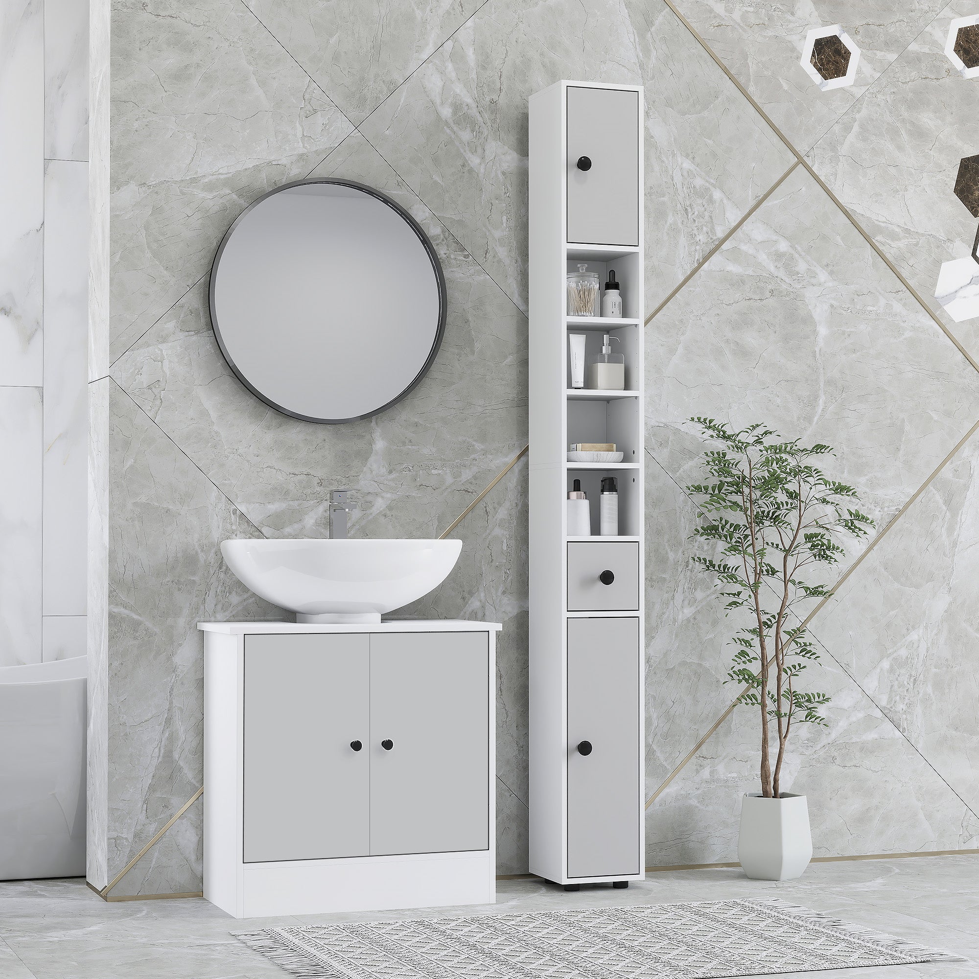kleankin 180cm Slim Bathroom Cabinet, with Drawer, Shelves and Cupboards - Light Grey - North Peak Garden Furniture