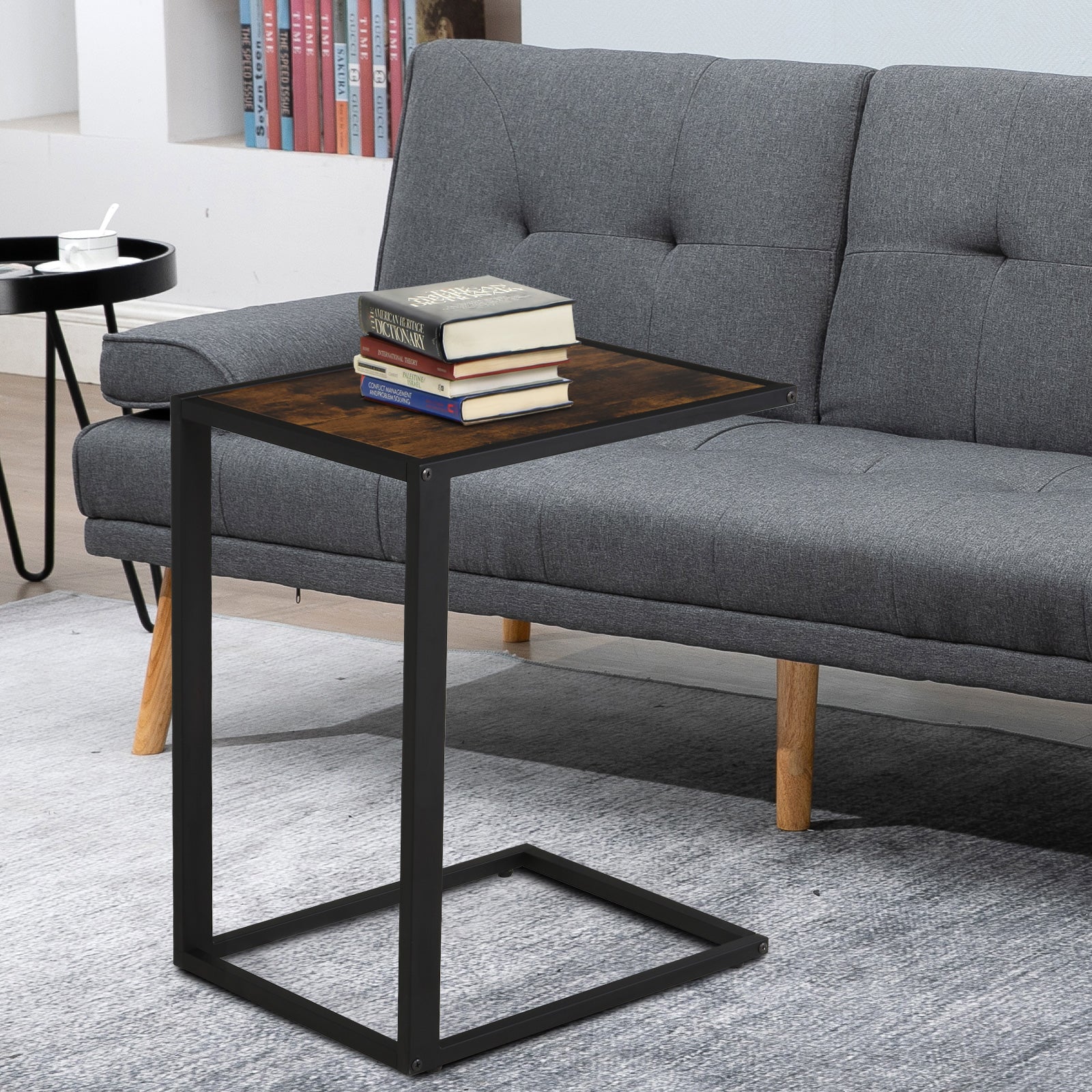 HOMCOM C-Shaped Side Table, Sofa End Table with Metal Frame, Accent Couch Table for Living room, Bedroom, Brown and Black - North Peak Garden Furniture