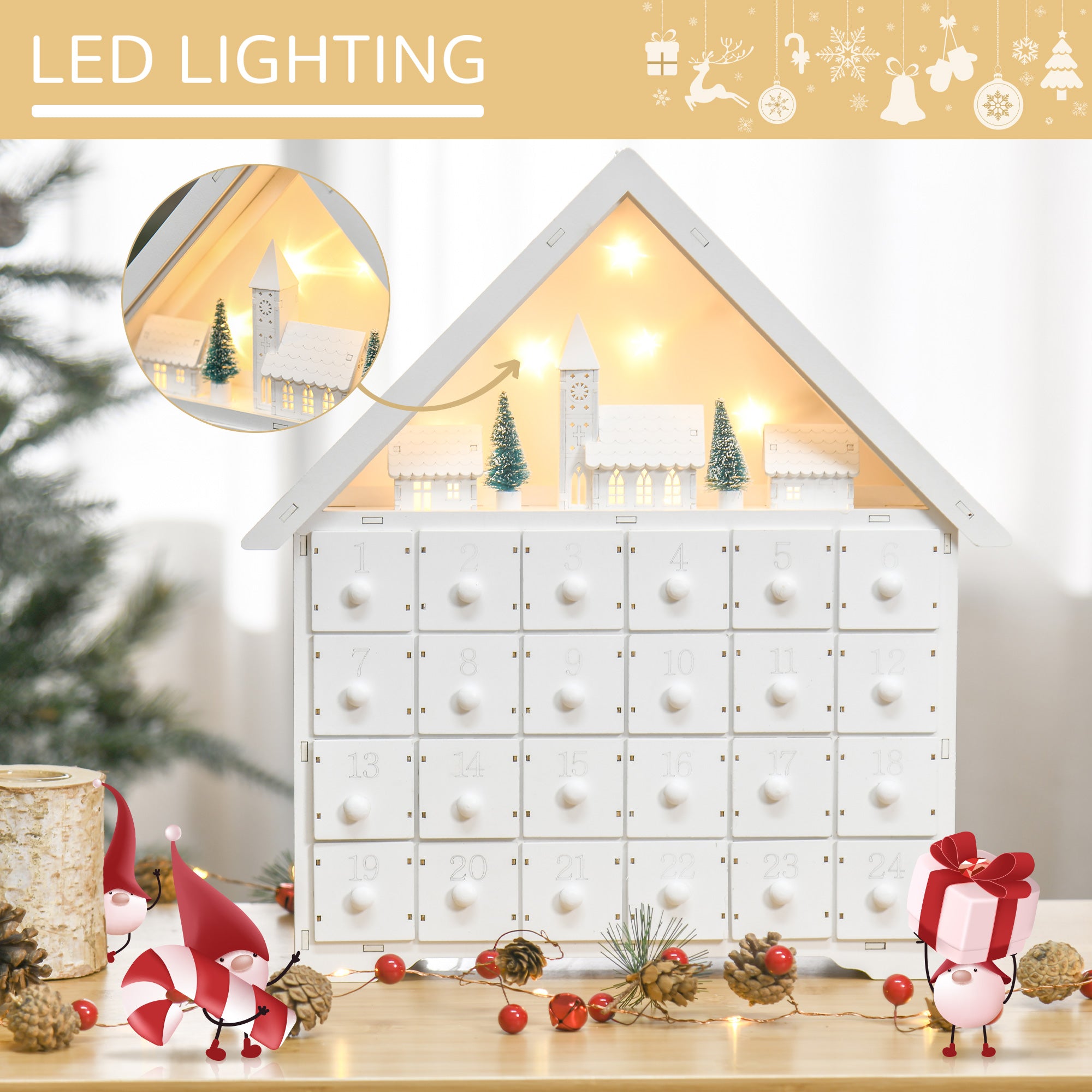 HOMCOM 24-Drawer Christmas Advent Calendar, Wooden Light-Up Traditional Decoration, Adults Kids Countdown Holiday House w/ Lights Handle White - North Peak Garden Furniture