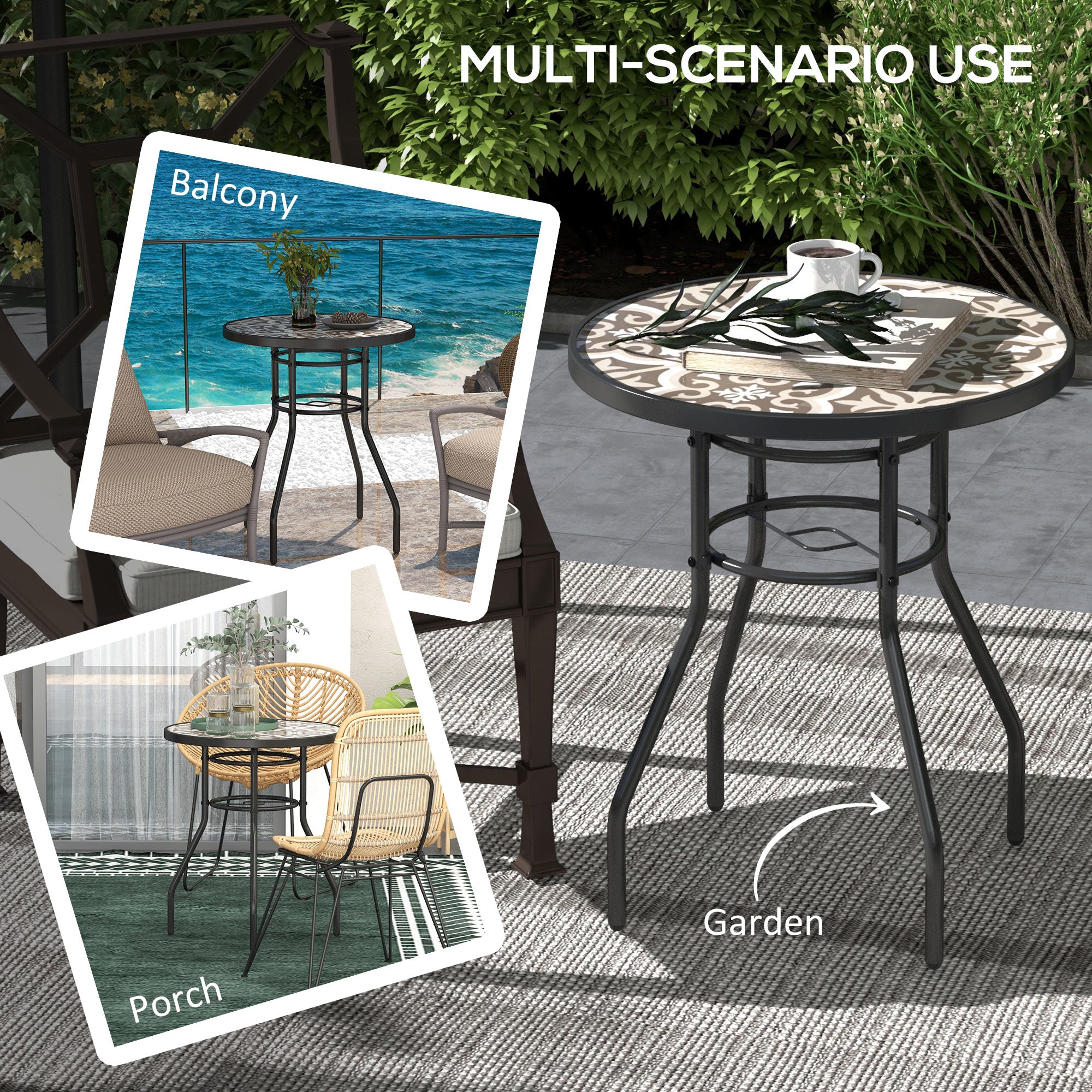 Outsunny Φ60 Garden Table, with Glass Printed Tabletop - Brown - North Peak Garden Furniture