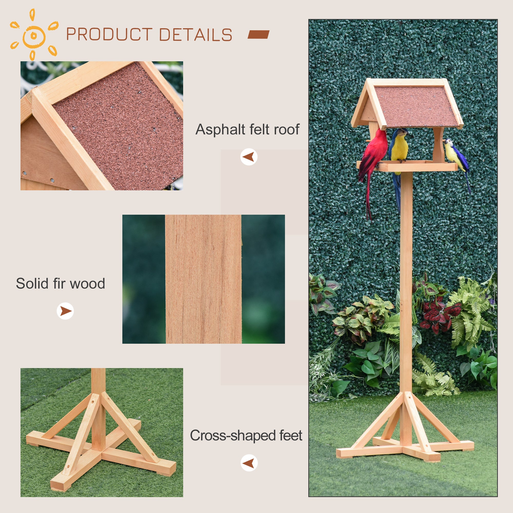 PawHut Bird Feeder Table, Wooden Freestanding Outdoor Feeding Station with Weatherproof Roof, Cross-shaped Base, Natural, 55 x 55 x 144cm