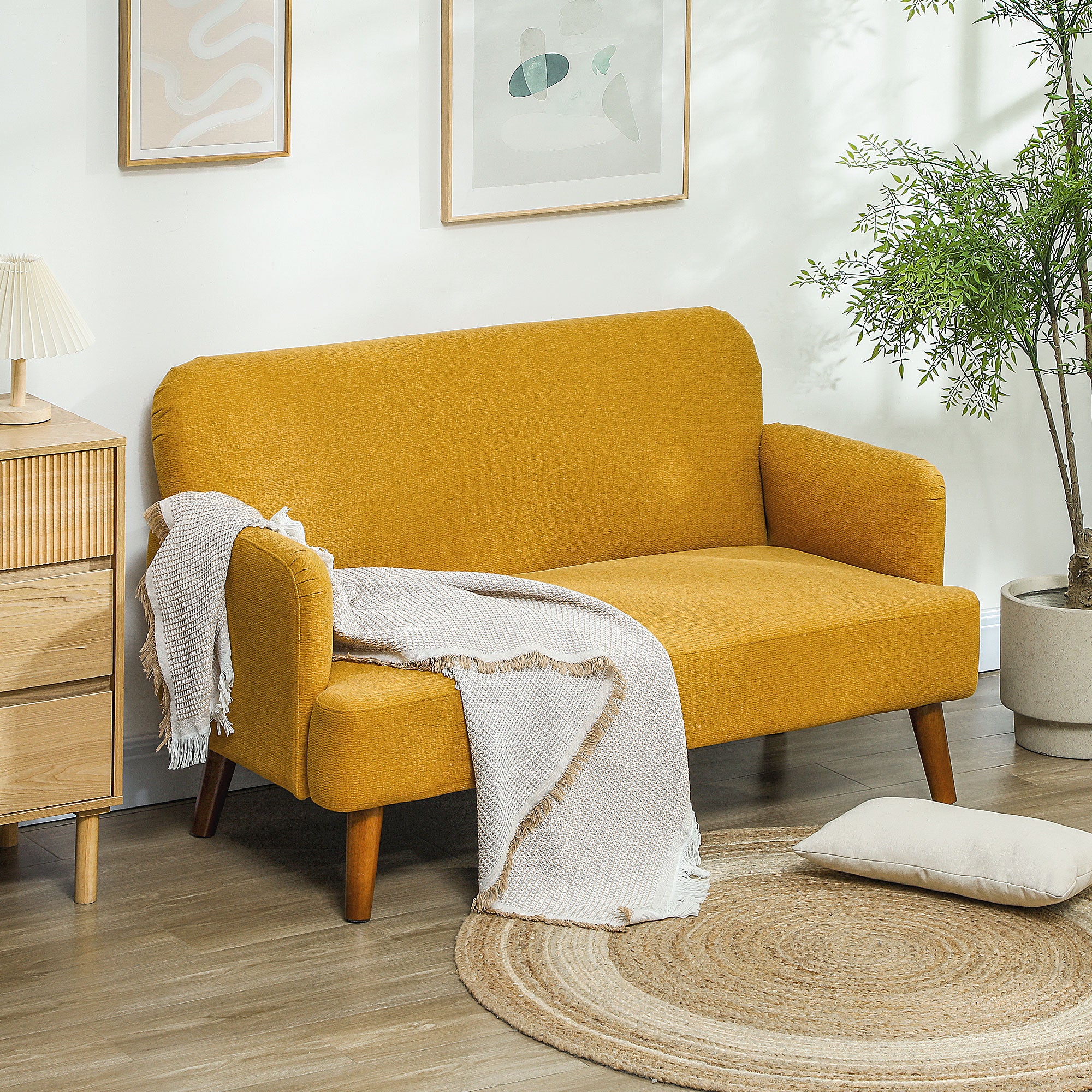 HOMCOM Velvet Feel Fabric 2 Seater Sofa, Small Sofa Loveseat with 21cm Thick Padding and Wood Legs, Yellow - North Peak Garden Furniture