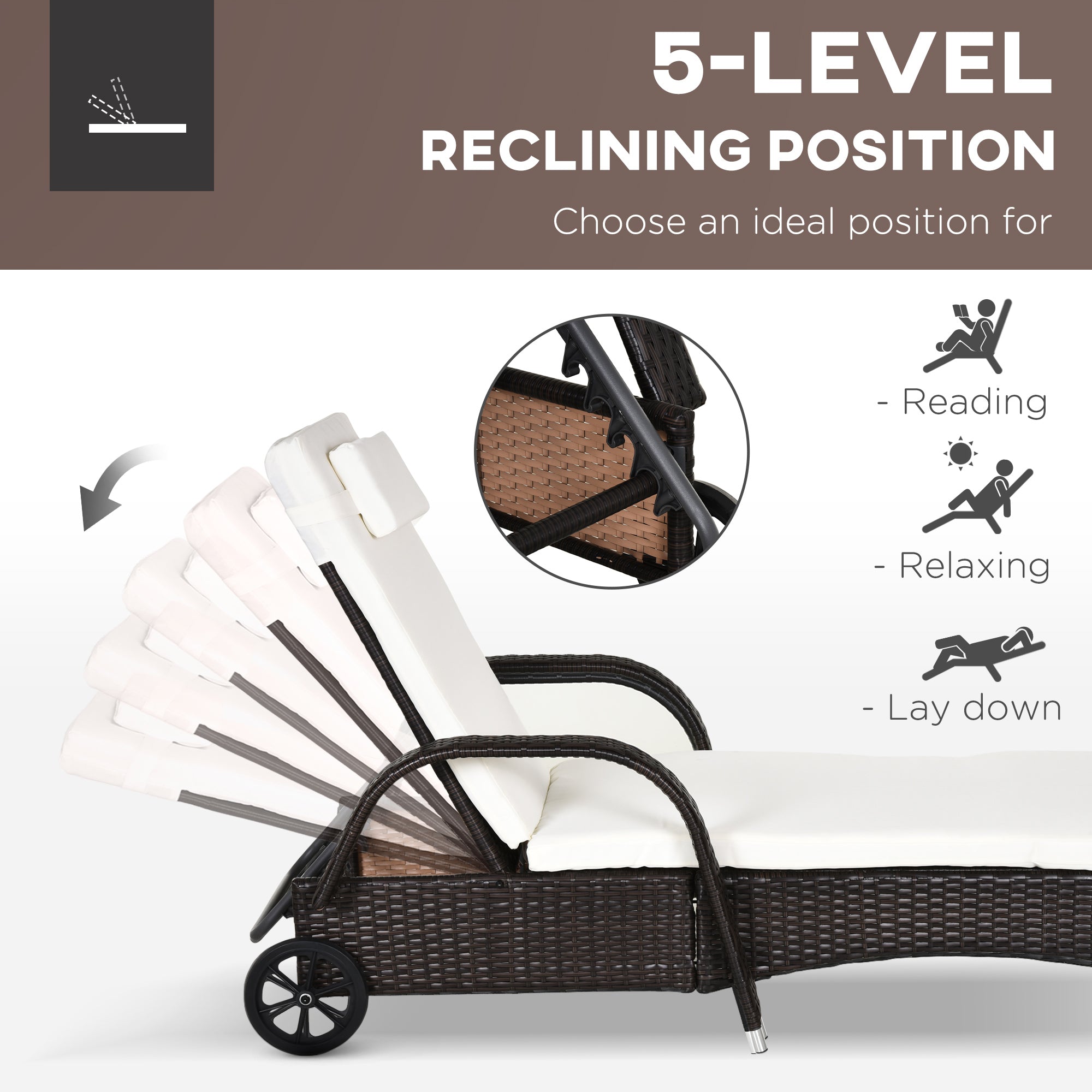 Outsunny 3 Pieces PE Rattan Patio Lounge Chair Set, Outdoor Recliner Lounge Chairs with Wheels, for Outside with Cushions, Headrest, Coffee Table for Garden, Poolside, Brown - North Peak Garden Furniture