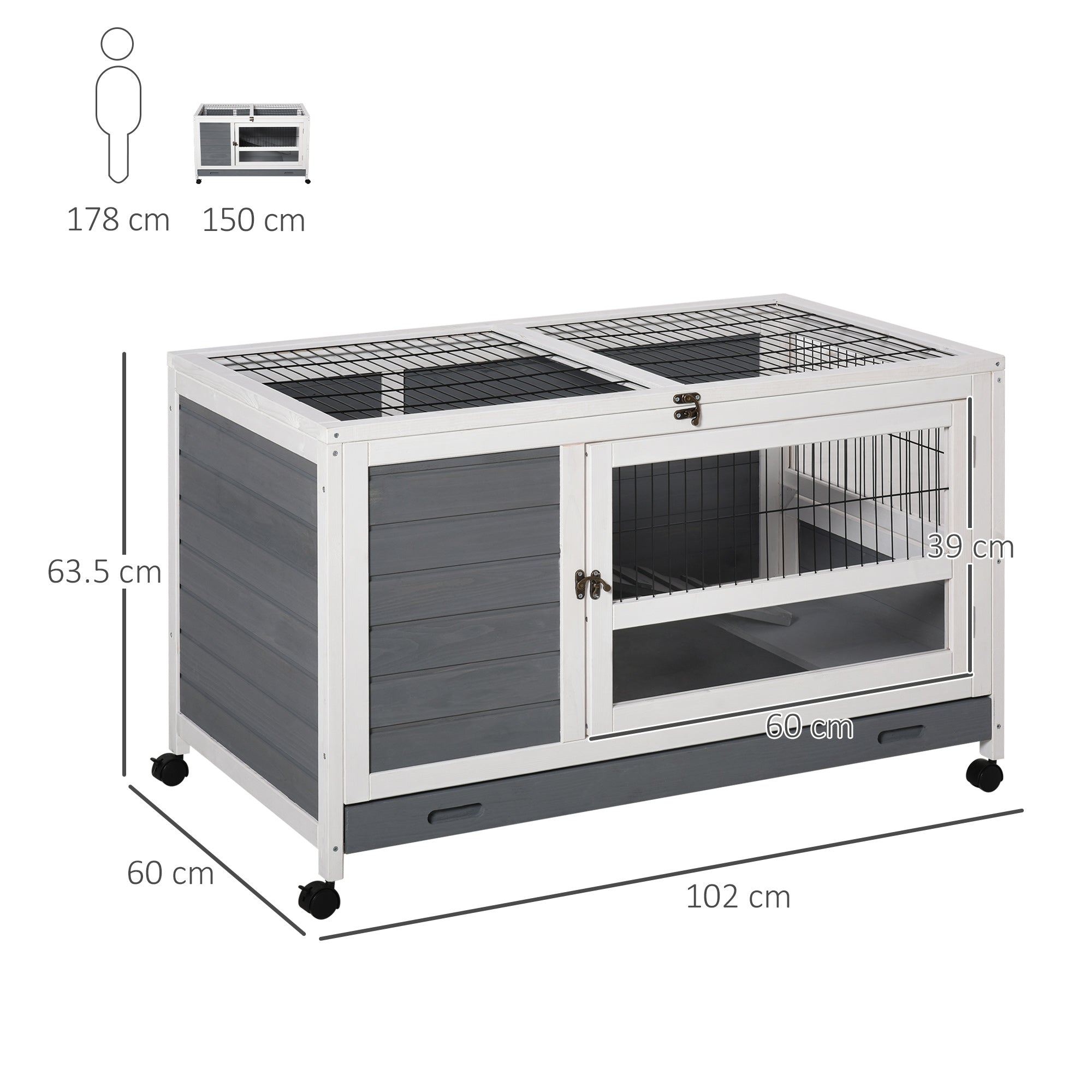 PawHut Wooden Guinea Pigs Hutches Elevated Pet Bunny House Rabbit Cage with Slide-Out Tray Indoor Grey