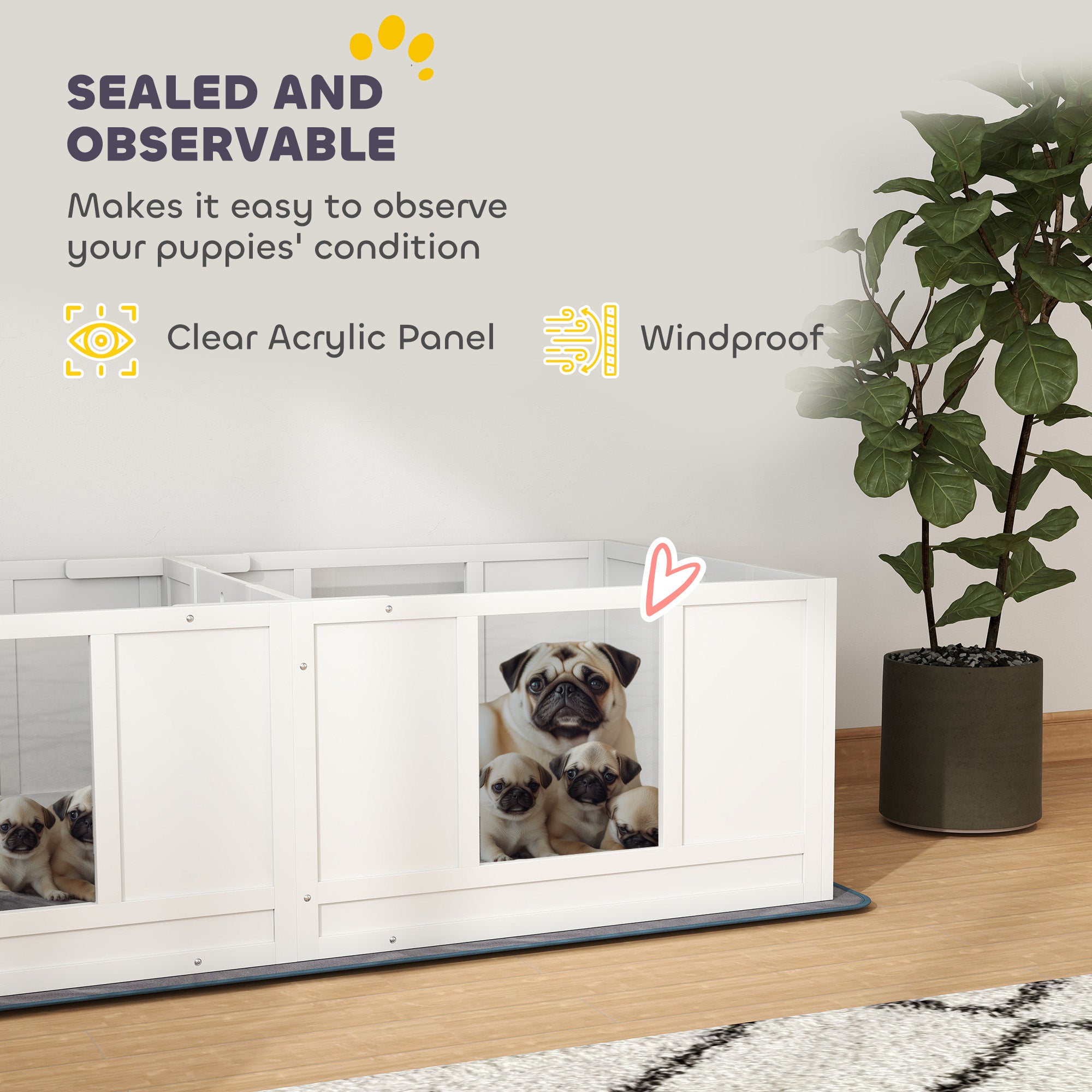 PawHut Two Room Design Whelping Box for Dogs with Whelping Pad, Clear Panels, Adjustable Entrance, for Small Dogs, 164 x 80cm