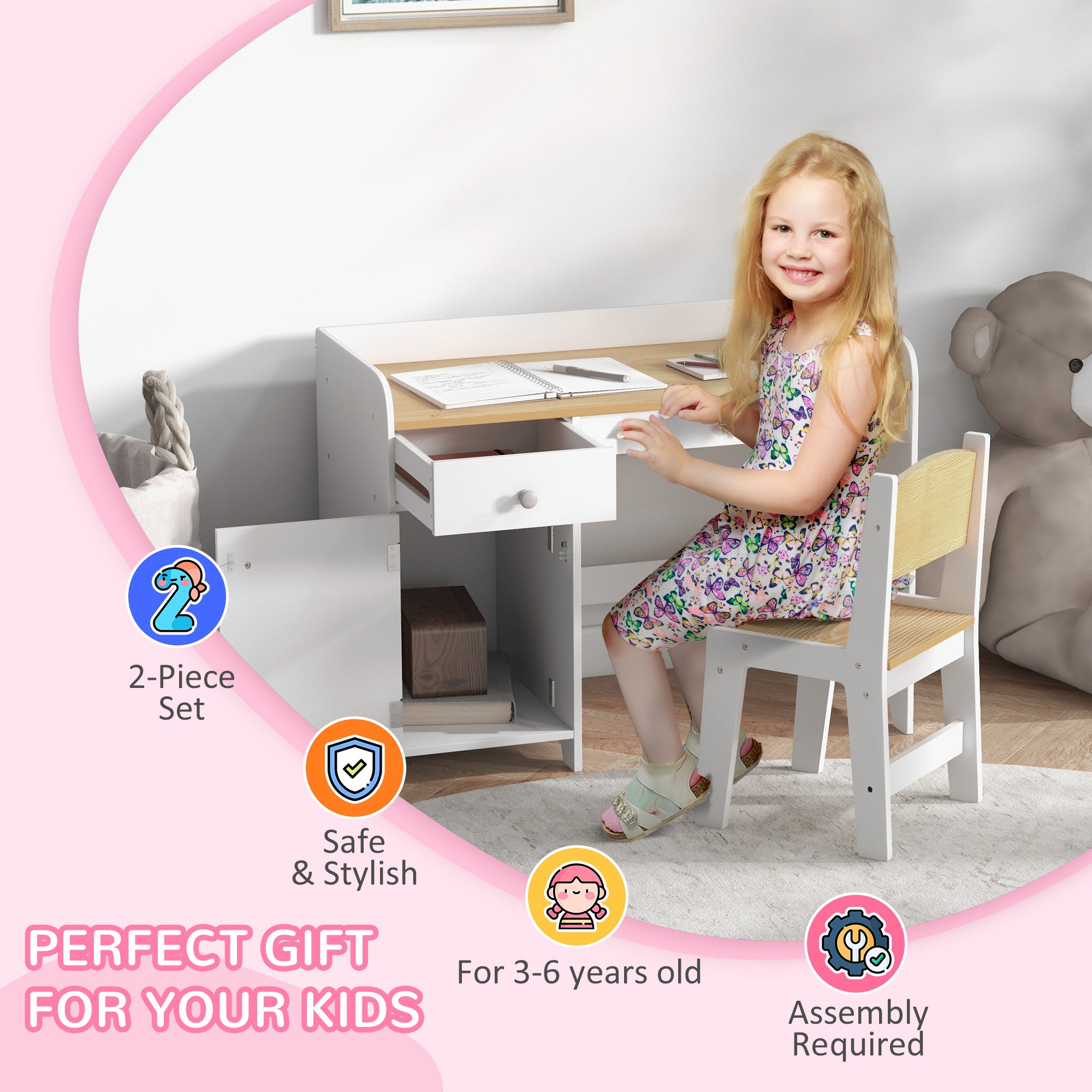 ZONEKIZ Kids Desk and Chair Set for 3-6 Years with Storage Drawer, Study Table and Chair for Children - White - North Peak Garden Furniture