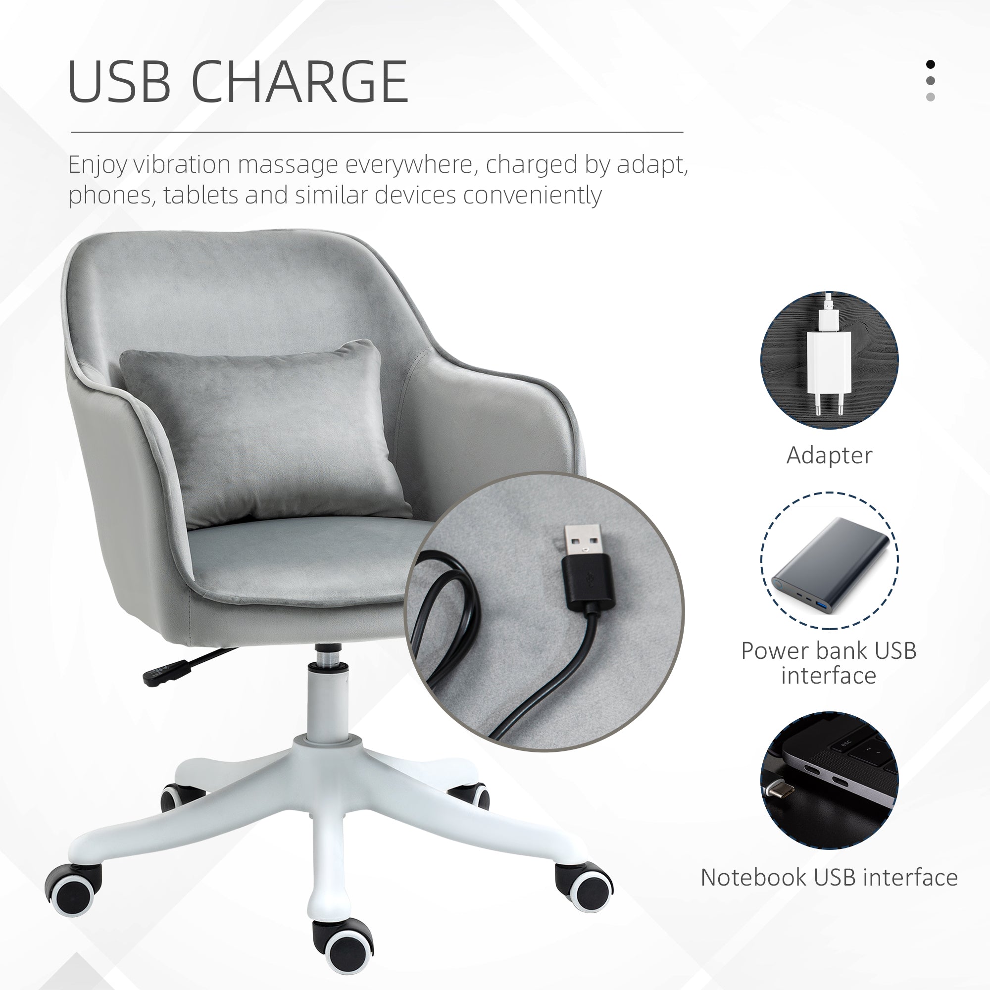 Vinsetto Velvet Office Chair, Desk Chair, Makeup Vanity Chair with Massage Lumbar Pillow and Rolling Wheels for Bedroom and Home, Grey - North Peak Garden Furniture