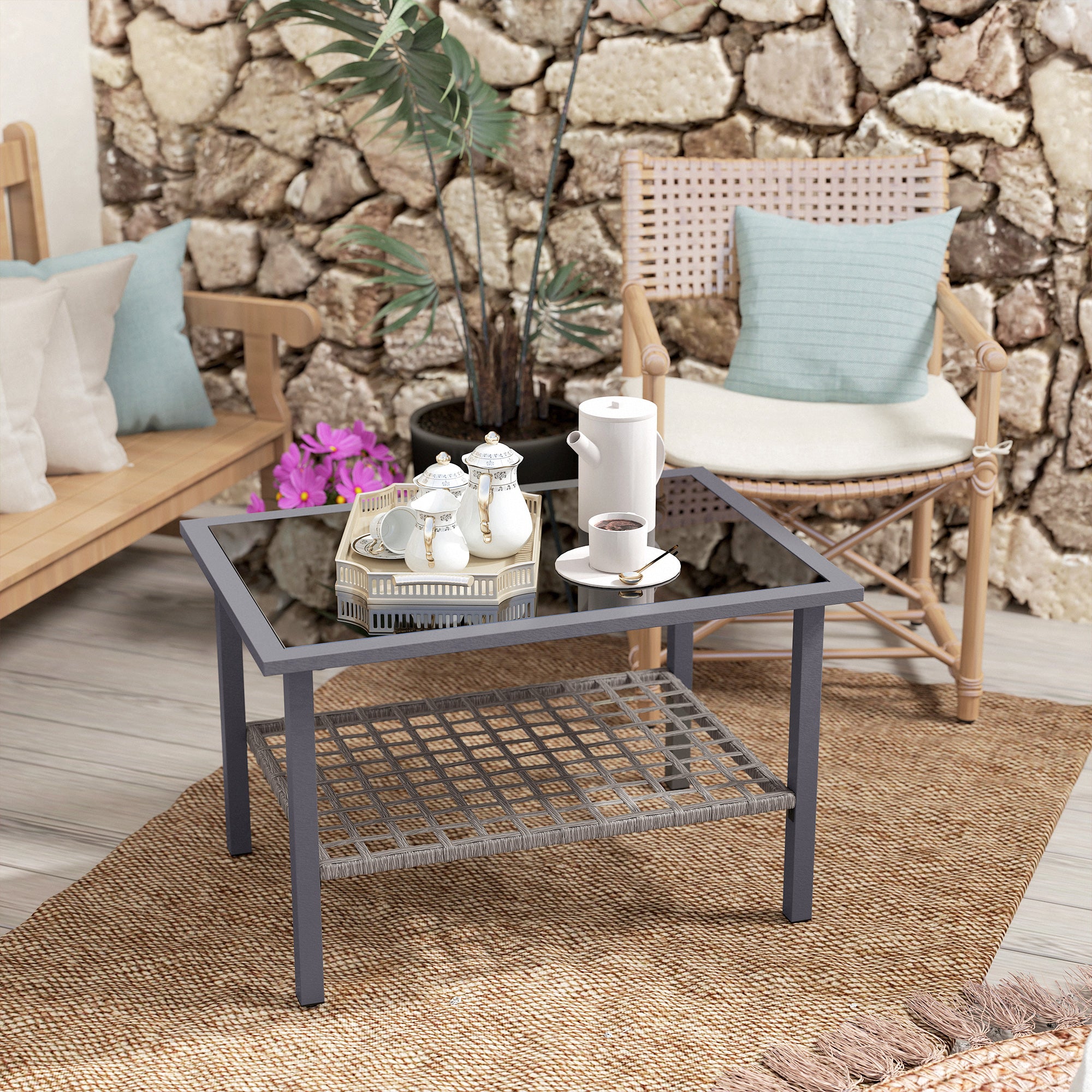 Outsunny Outdoor Rattan Coffee Table with Tempered Glass Top, Storage Shelf, Foot Pads, for Patio, Balcony, Mixed-grey - North Peak Garden Furniture