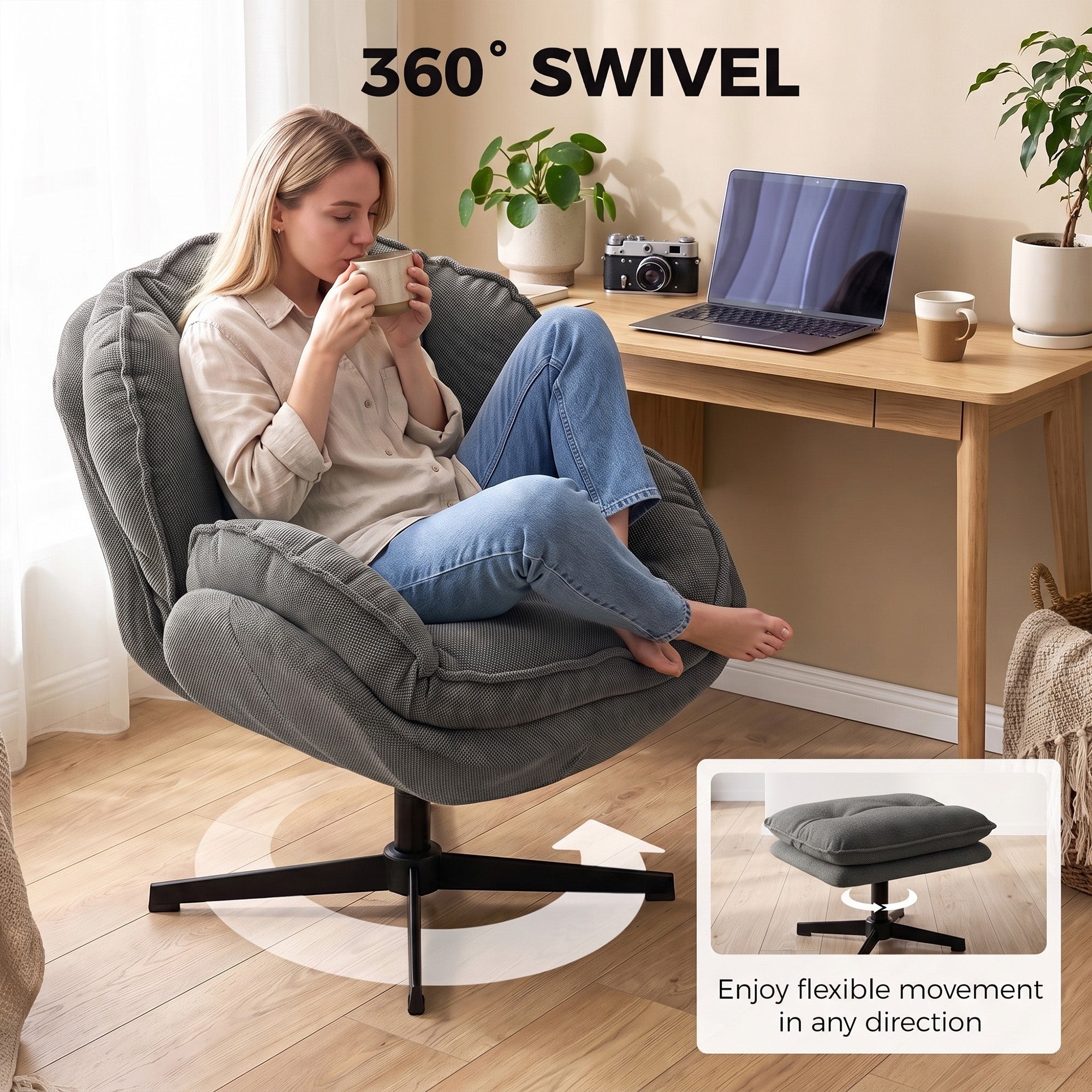 HOMCOM Armchair with Adjustable Footstool, 360-Degree Swivel Chenille Cloud Accent Chair with Thick Cushion, Steel Base, Grey