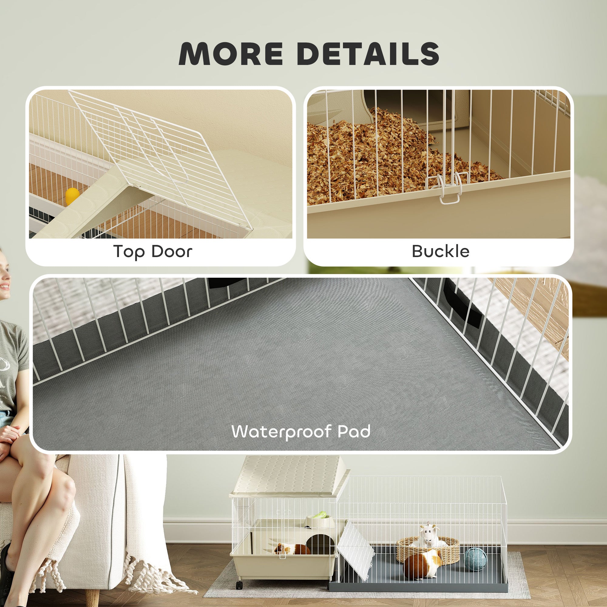 PawHut Small Animal Cage with Removable Pet Playpen, Guinea Pig Cage with Waterproof Pad, Hay Feeder, 108 x 71 x 57cm, Beige - North Peak Garden Furniture