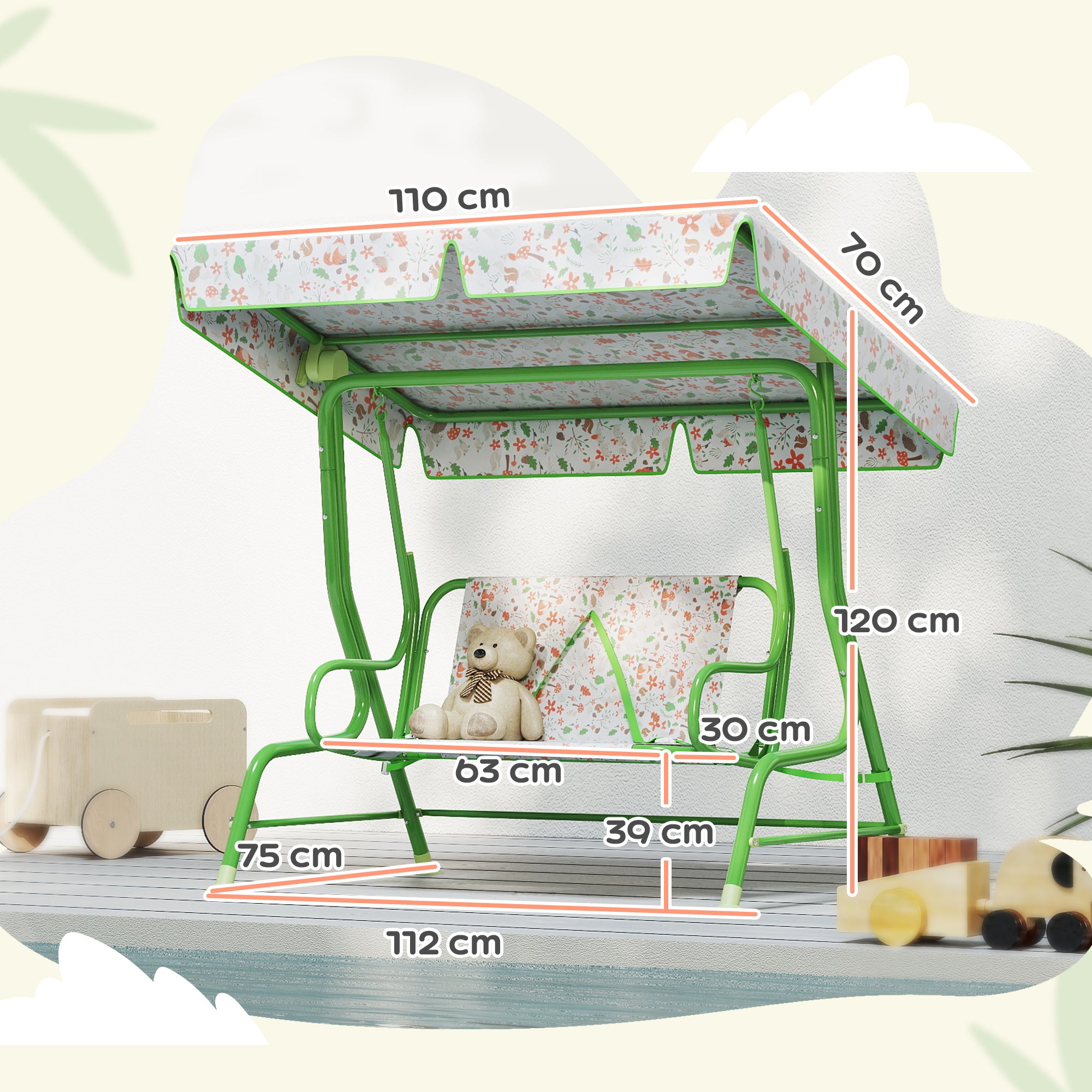 AIYAPLAY Kids Garden Swing Chair with Adjustable Canopy, Safety Belt, 2 Seater Hammock Swing Bench for Patio, Porch, Green - North Peak Garden Furniture