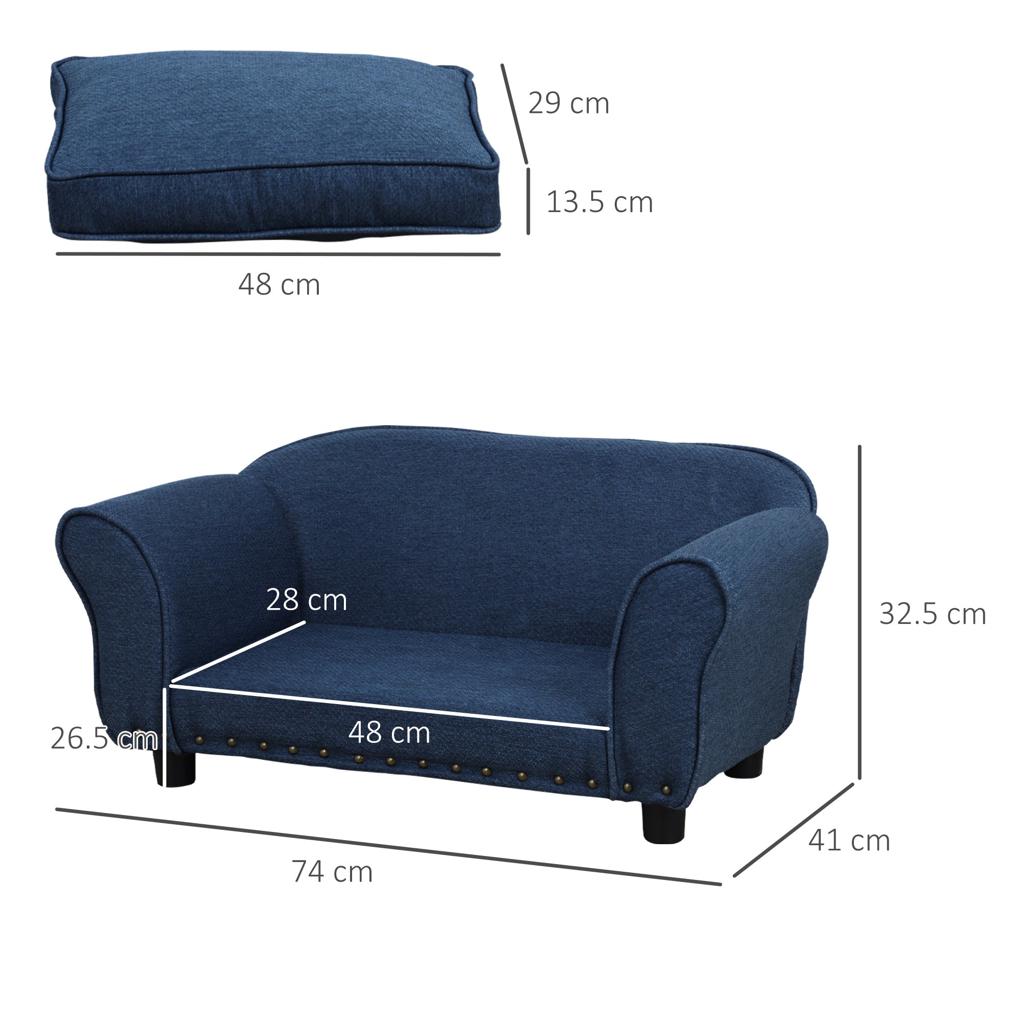 PawHut Dog Sofa for XS and S Size Dogs, Pet Chair Couch with Thick Sponge Padded Cushion, Kitten Lounge Bed with Washable Cover, Wooden Frame - Blue - North Peak Garden Furniture