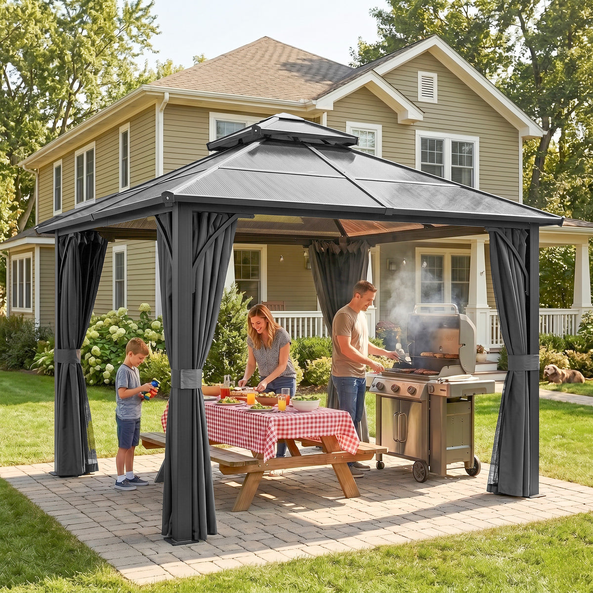 Outsunny 2.5 x 2.5 m Hardtop Gazebo Canopy with 7mm PC Roof, Garden Gazebo Permanent Pavilion with Netting, Curtains, Dark Grey