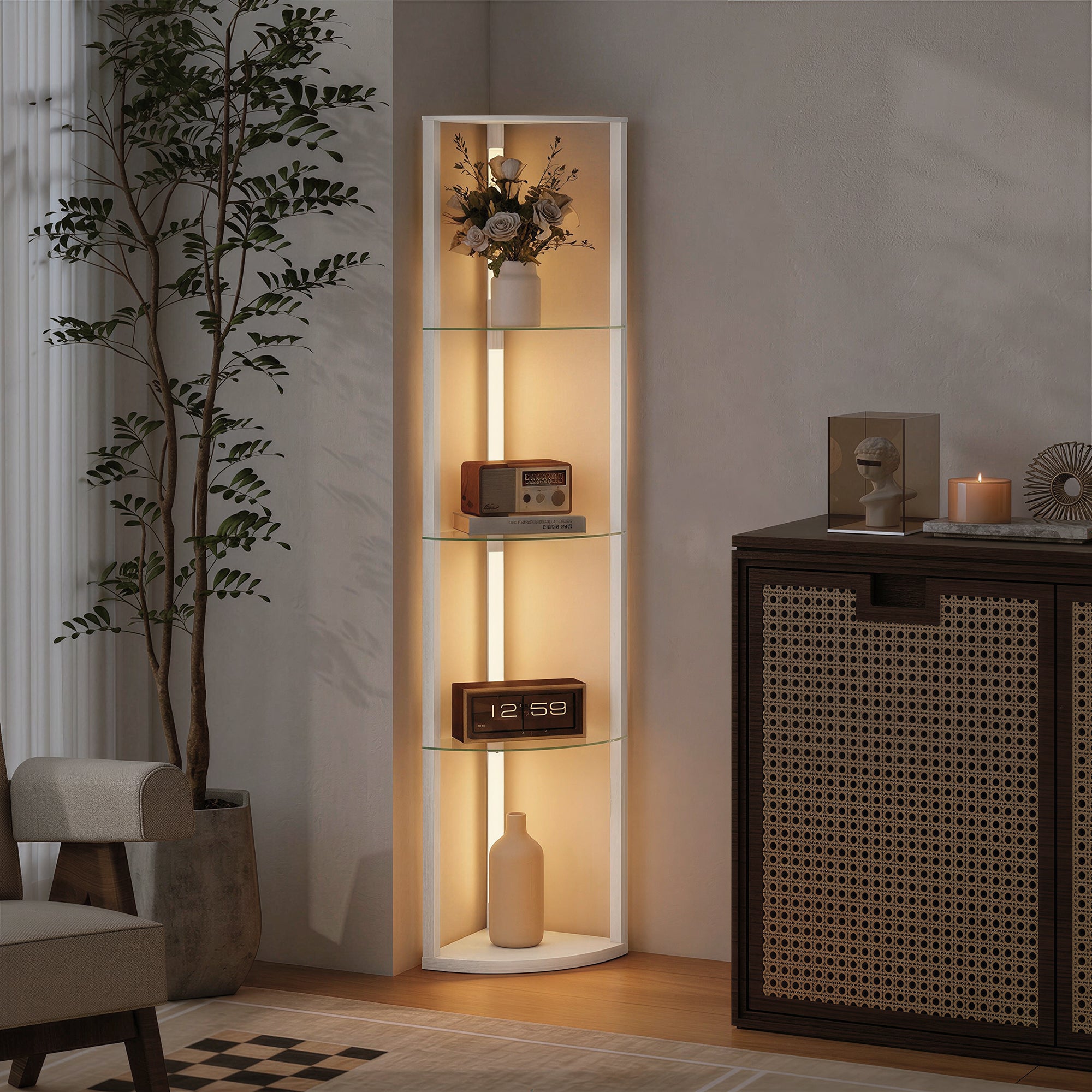 HOMCOM LED Floor Lamp with Shelves, Dimmable Standing Lamp with Foot Switch for Living Room, Bedroom, White