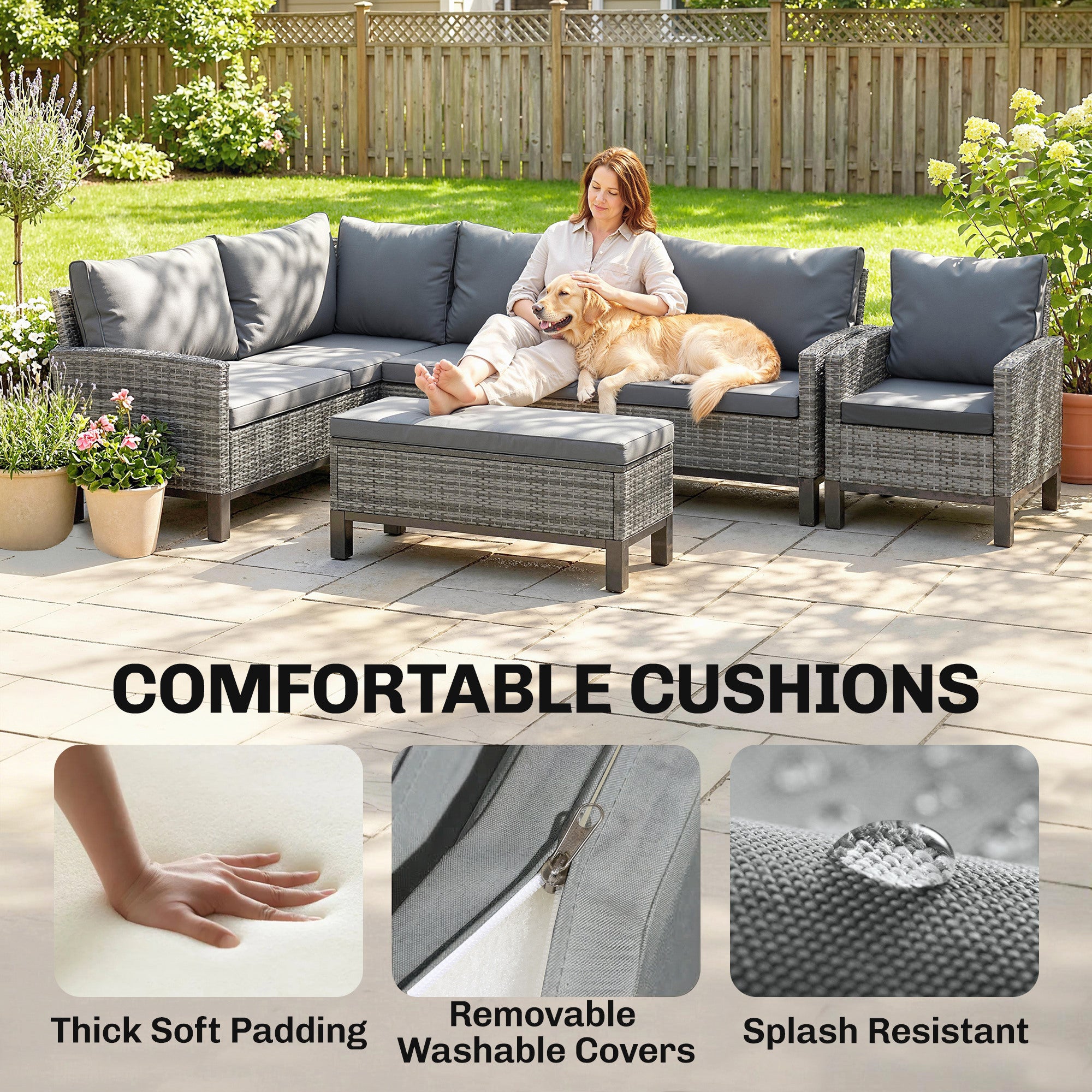 Outsunny 9 Seater Rattan Garden Furniture Corner Sofa Set, Outdoor Dining Set with Faux Wood Table, Ottoman, Cushions, Dark Grey