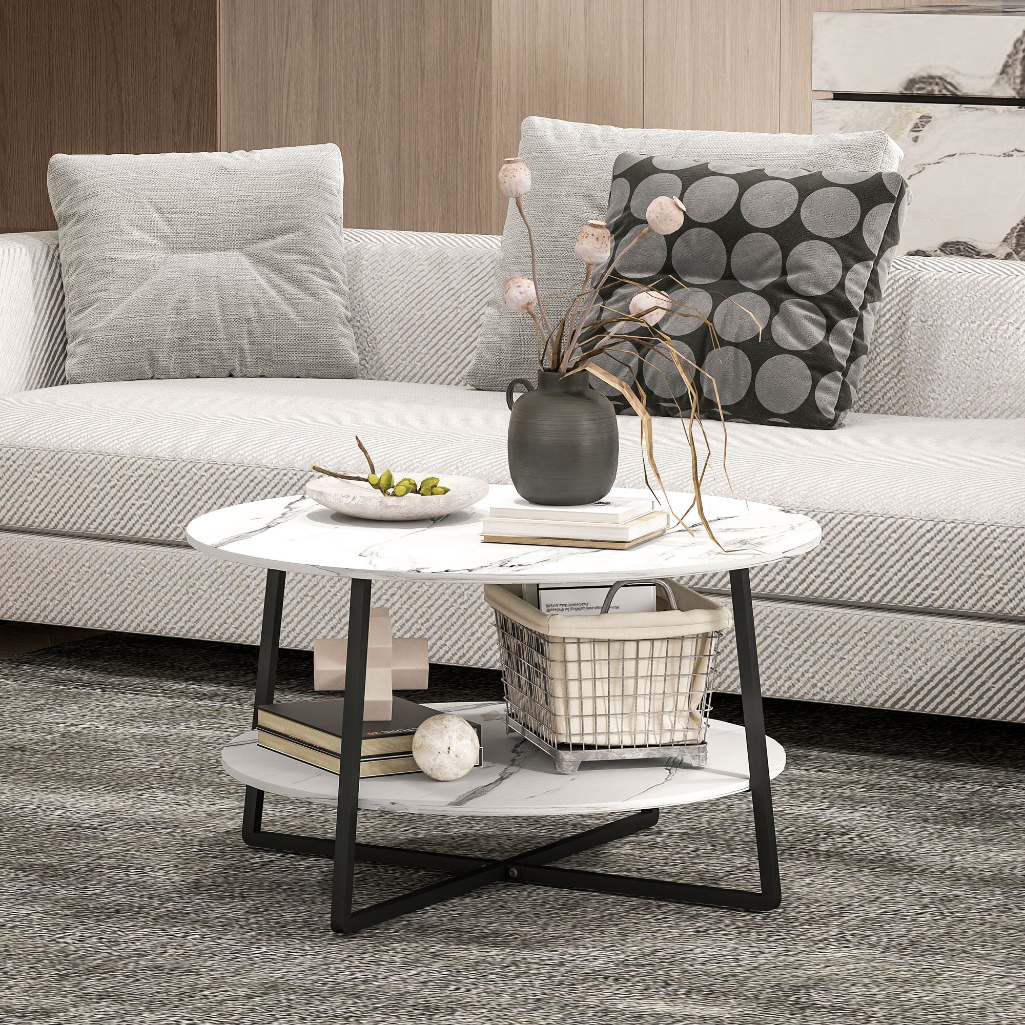 HOMCOM 2-Tier Round Coffee Table with Storage Shelf, Living Room Table with Marble Effect Top and Steel Frame, White - North Peak Garden Furniture