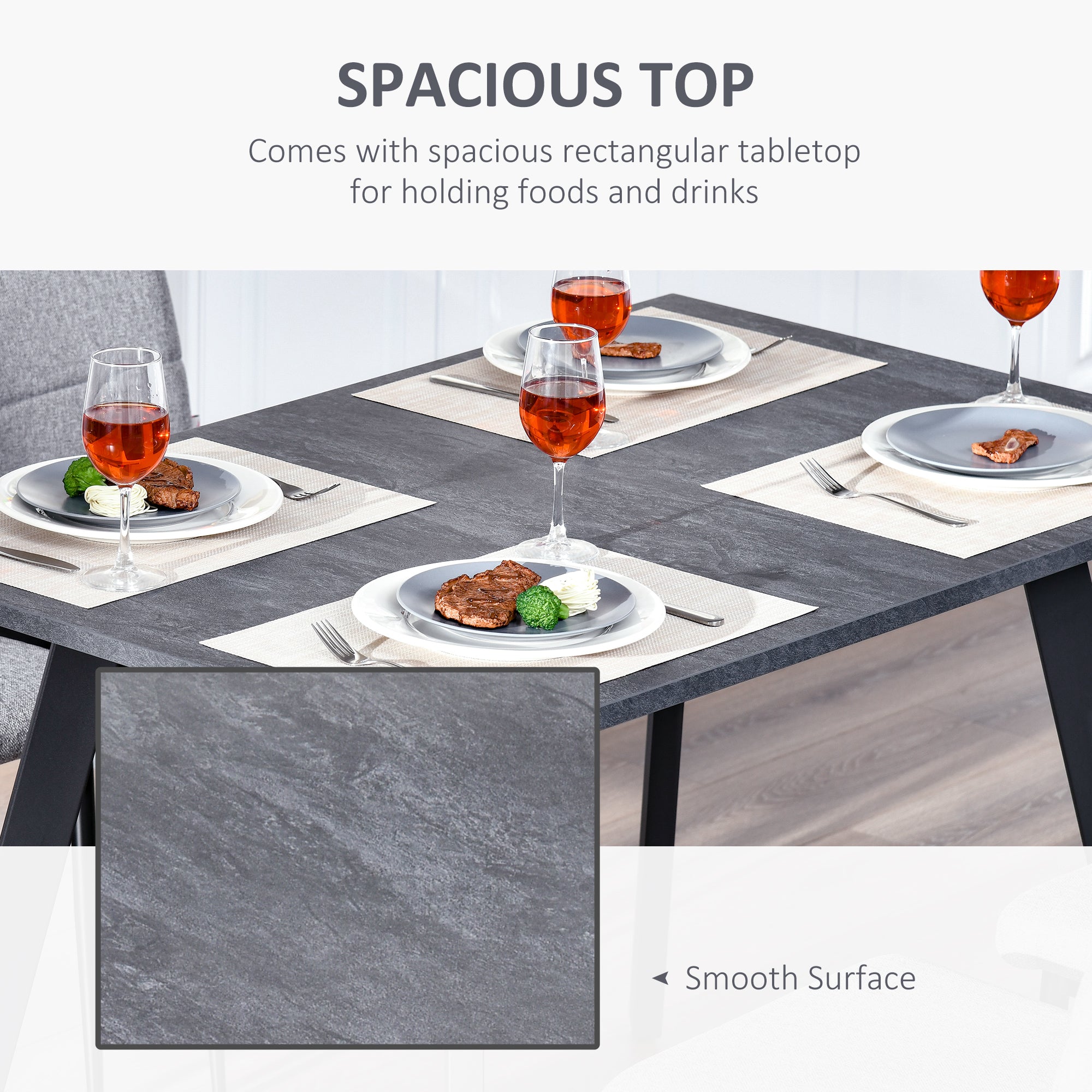 HOMCOM Dining Table, Contemporary Rectangle Kitchen Table with Metal Legs and Spacious Tabletop for Dining Room, Living Room, Dark Grey - North Peak Garden Furniture