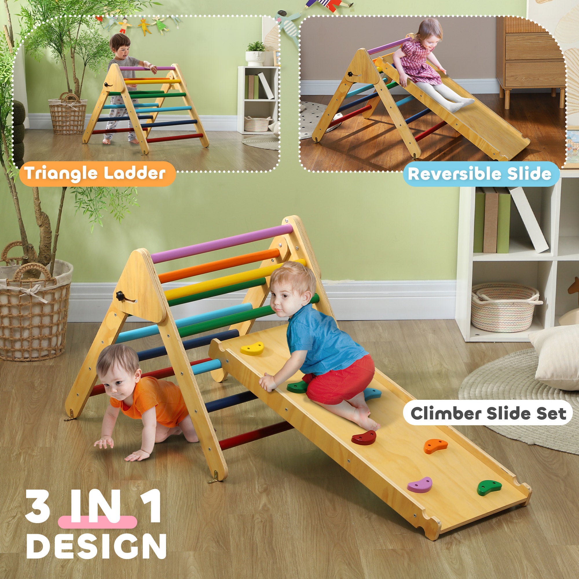 AIYAPLAY Toddler Climbing Frame for Kids with Ramp, 3 in 1 Wooden Pikler Triangle Set for 18-48 Months, Multicolour - North Peak Garden Furniture