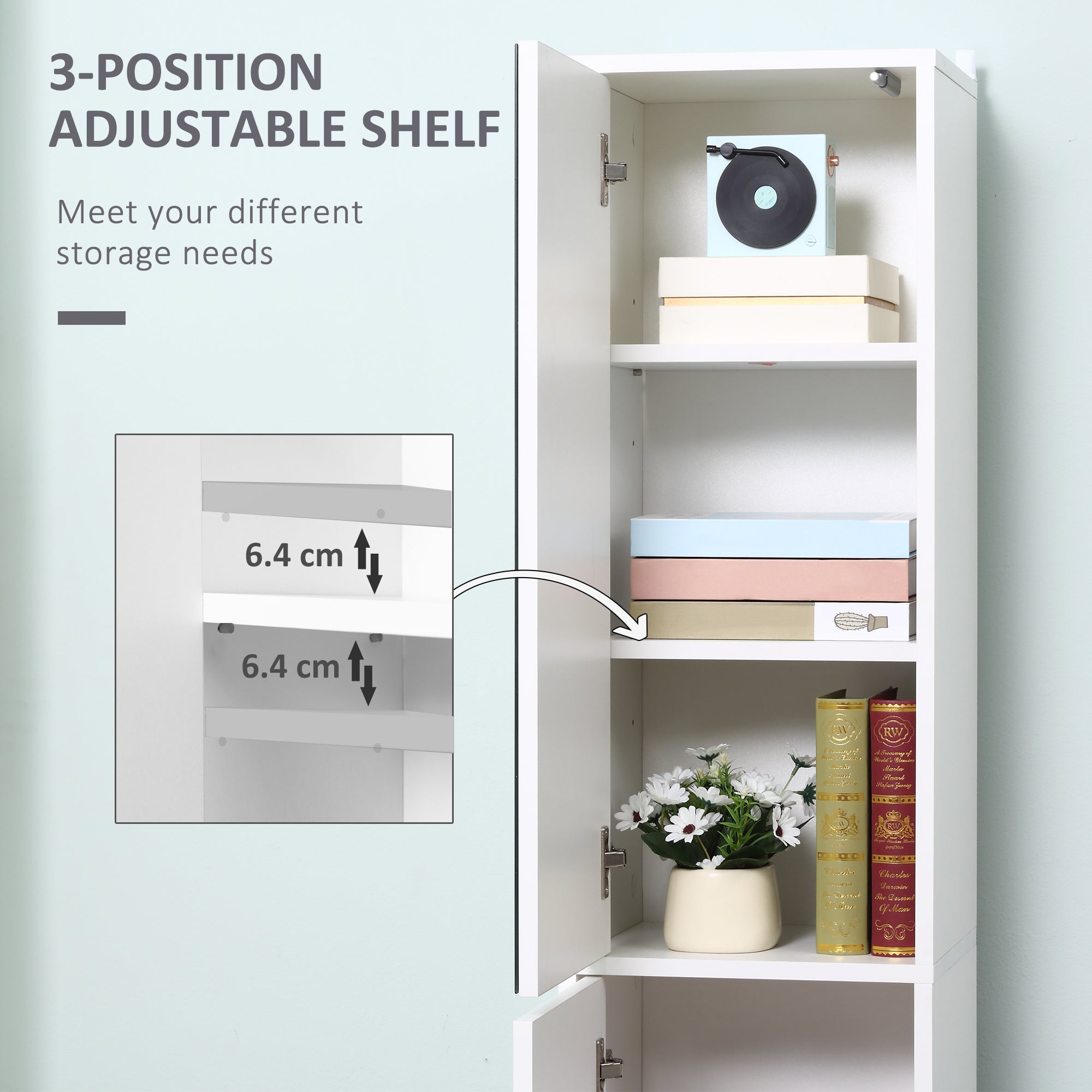 kleankin Tall Mirrored Bathroom Cabinet, Bathroom Storage Cupboard, Floor Standing Tallboy Unit with Adjustable Shelf, White - North Peak Garden Furniture