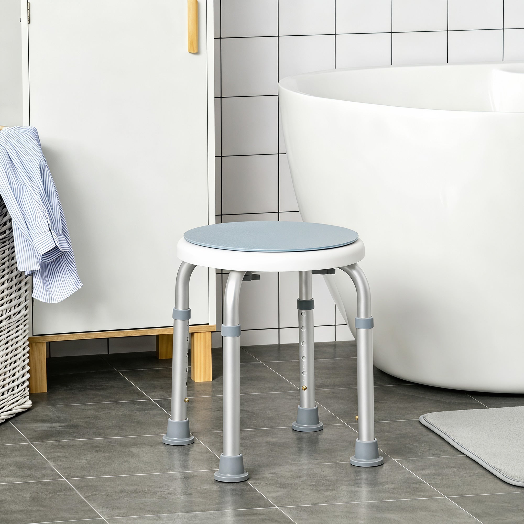 HOMCOM 360° Swivel Shower Chair, Height Adjustable Aluminium Shower Stool with Non-Slip Feet for Disabled, Elderly, Blue