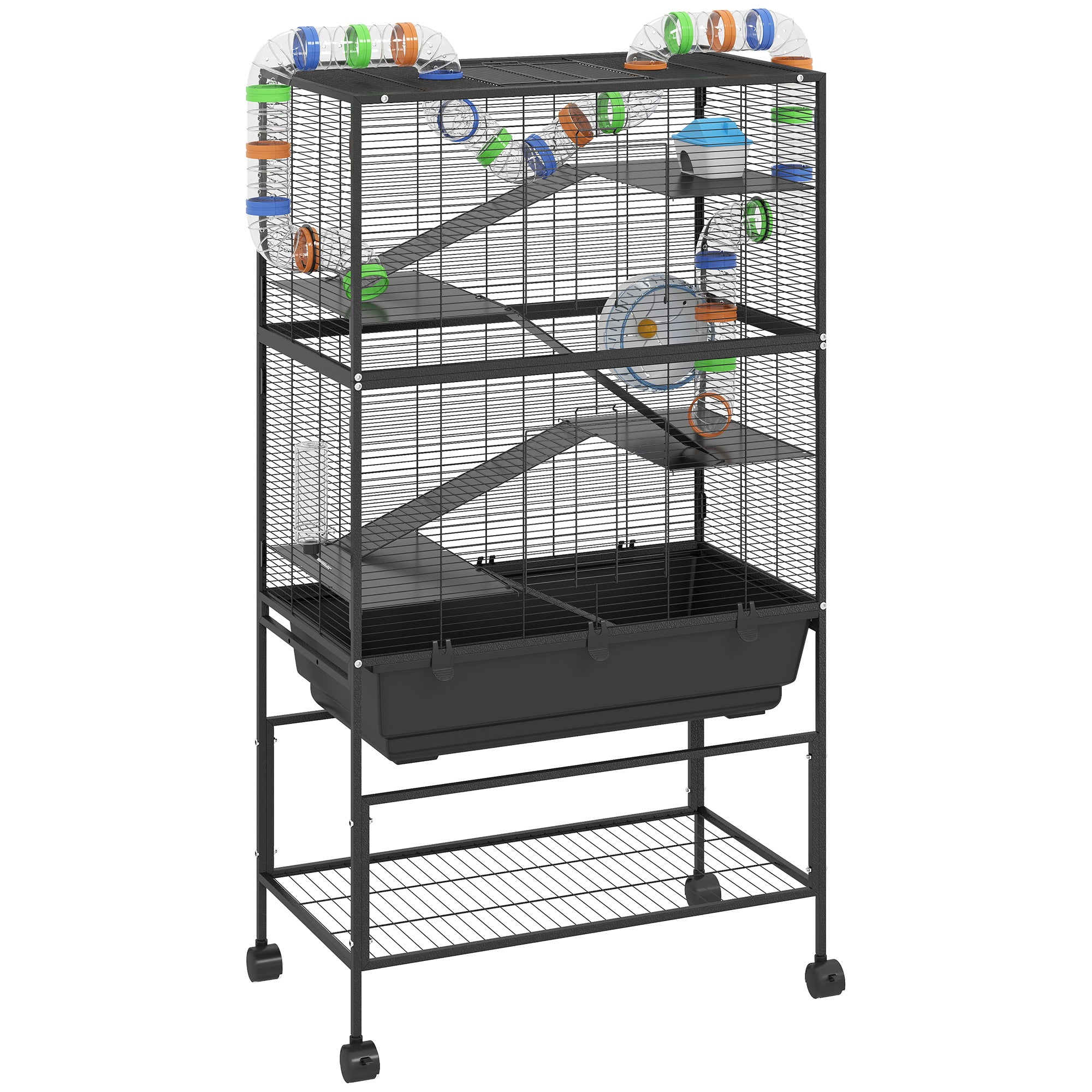 PawHut 5 Tier Large Hamster Cage on Wheels with 17 cm Deep Tray, Storage Shelf for Syrian, Gerbil, Rats - North Peak Garden Furniture