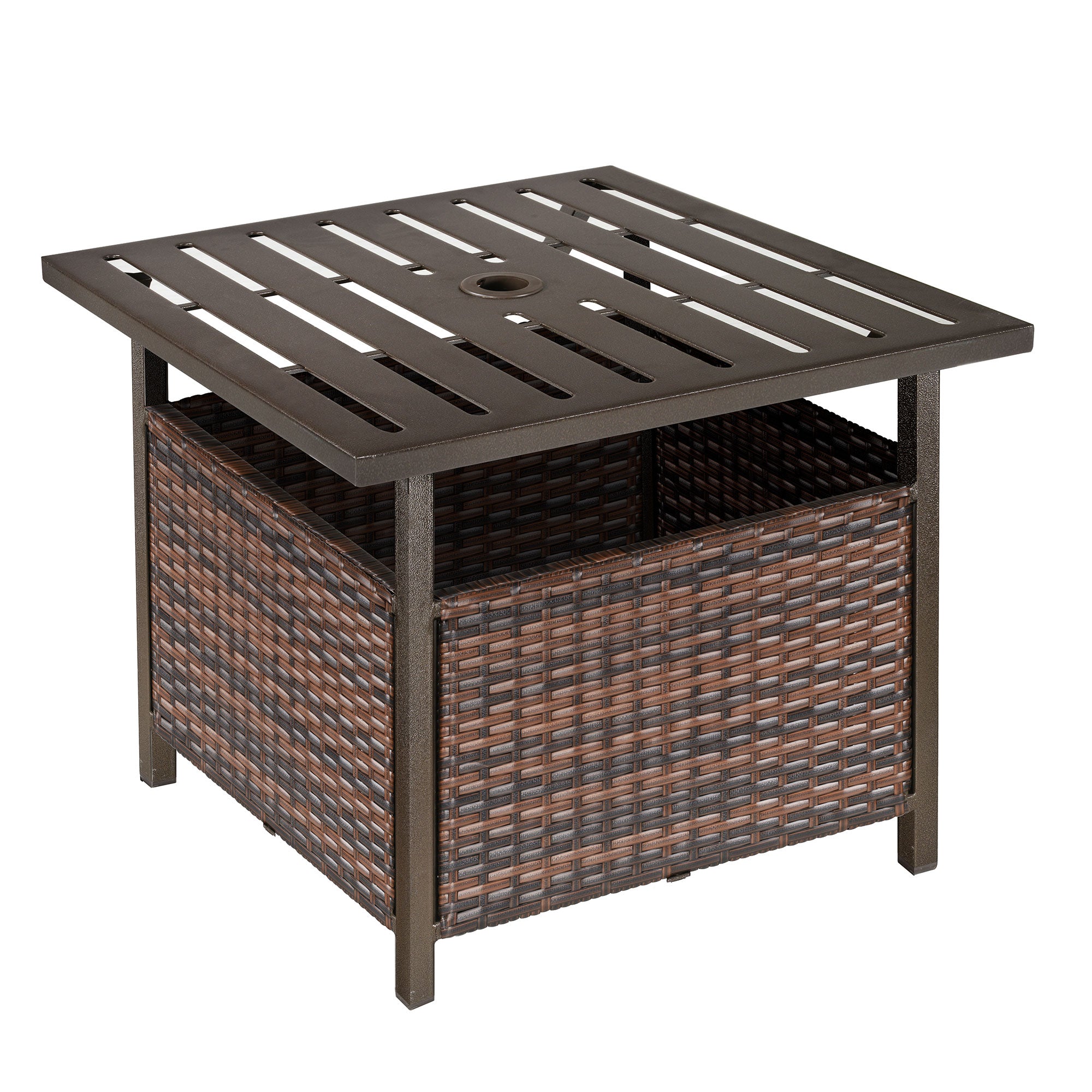 Outsunny Outdoor Rattan Wicker Patio Coffee Table w/ Umbrella Hole Suitable for Garden Backyard Brown - North Peak Garden Furniture