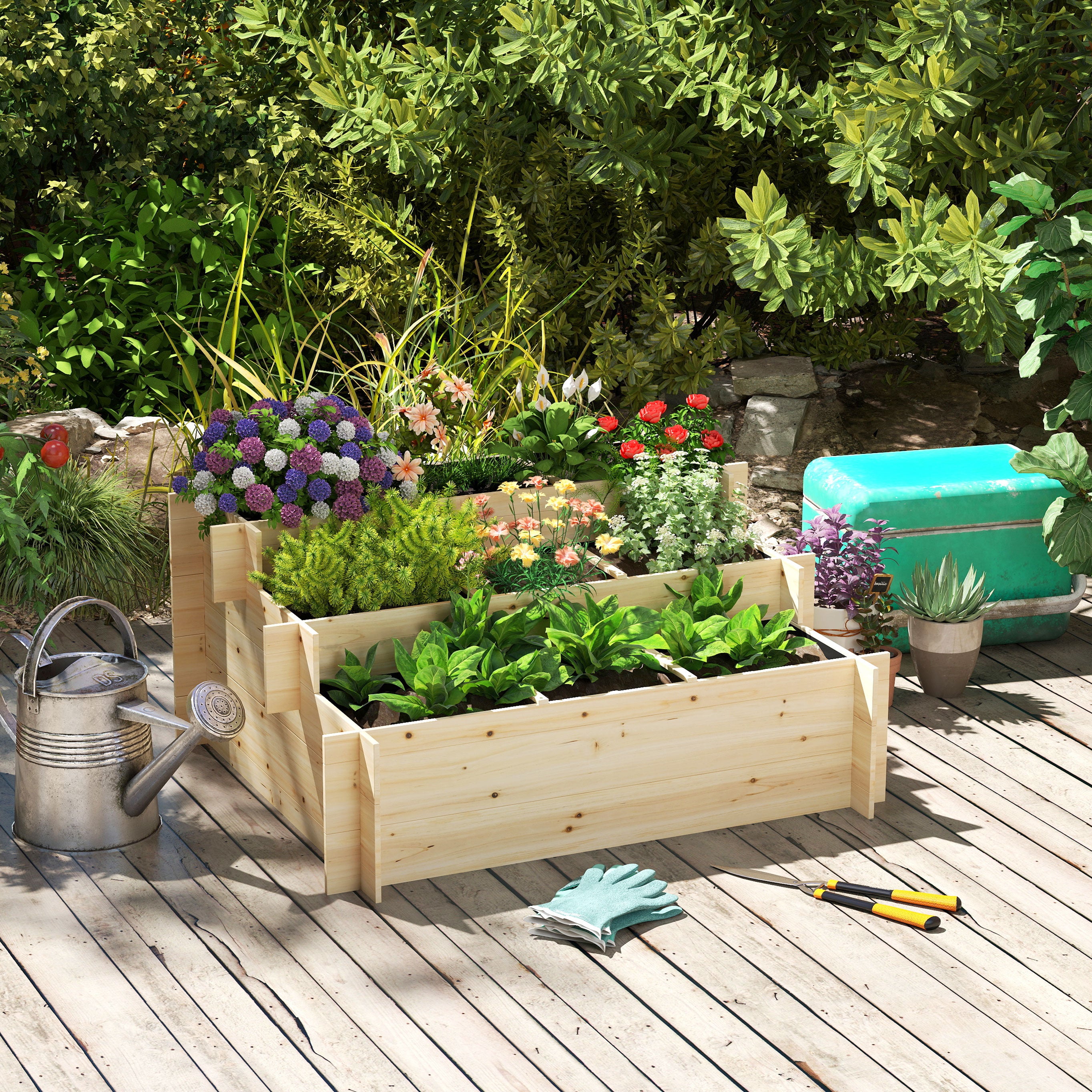 Outsunny 117cm x 100cm x 54cm 3 Tier Raised Garden Bed 376L Fir Wood Elevated Planter Flower Box with 9 Grow Grids and Non-woven Fabric for Vegetables, Flower, Herb Outdoor Indoor Use - North Peak Garden Furniture