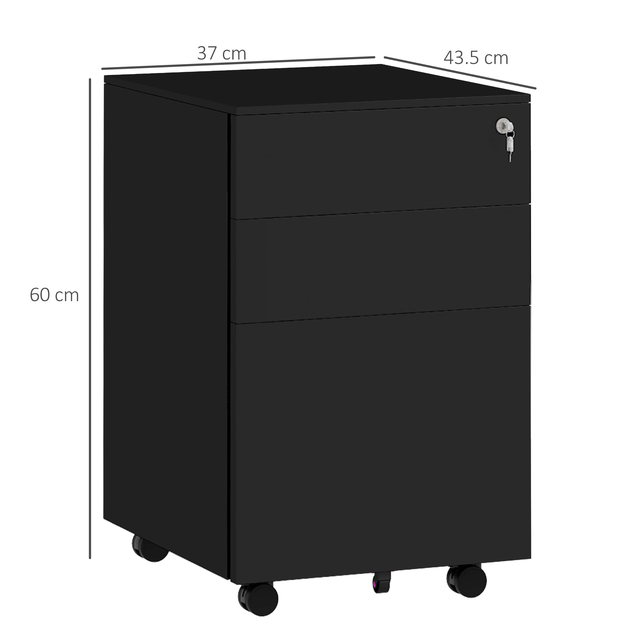Vinsetto 3-Drawer Vertical Filing Cabinet with Pencil Tray, Lock and 5 Wheels, Steel Mobile File Cabinet, for A4, Legal and Letter Size, Pre-Assembled Body, Black - North Peak Garden Furniture