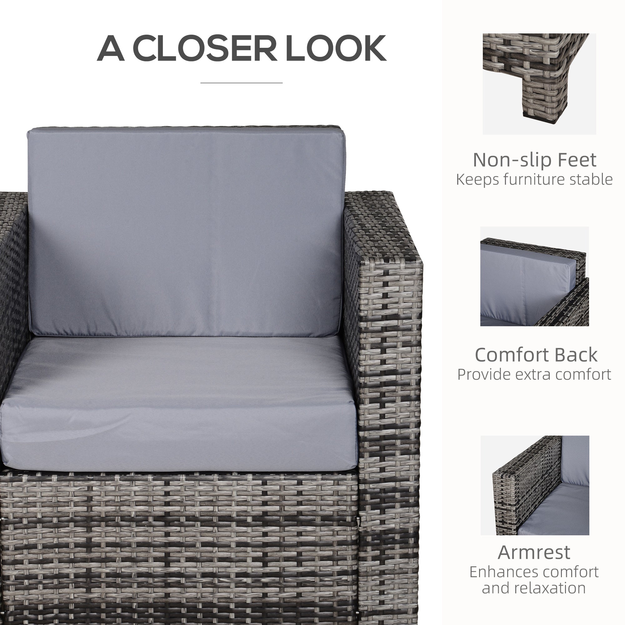 Outsunny Single Seater Rattan Chair Sofa with 10 cm Thick Padded Cushion, All-Weather PE Wicker Weave Garden Armchair with Armrests, Grey - North Peak Garden Furniture