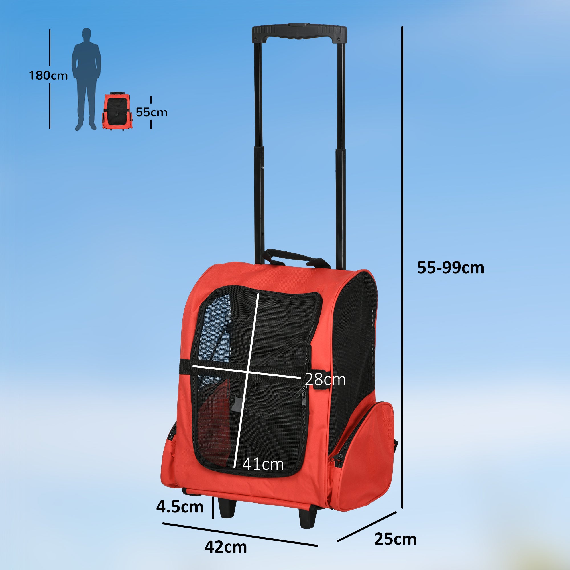 PawHut Pet Travel Backpack Bag Cat Puppy Dog Carrier w/ Trolley and Telescopic Handle Portable Stroller Wheel Luggage Bag (Red) - North Peak Garden Furniture