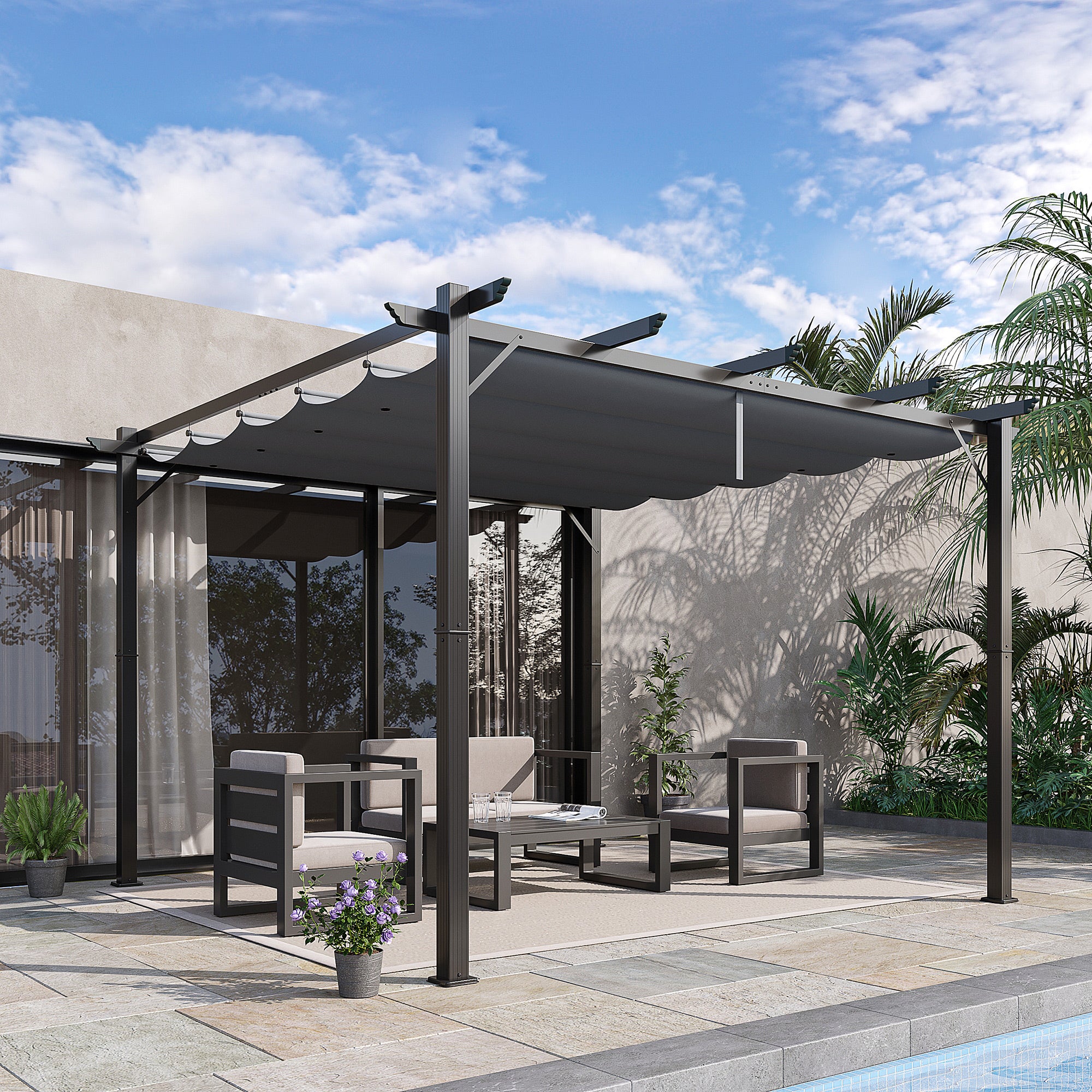 Outsunny 3 x 3 m Aluminum Gazebo, with Retractable Roof - Grey - North Peak Garden Furniture