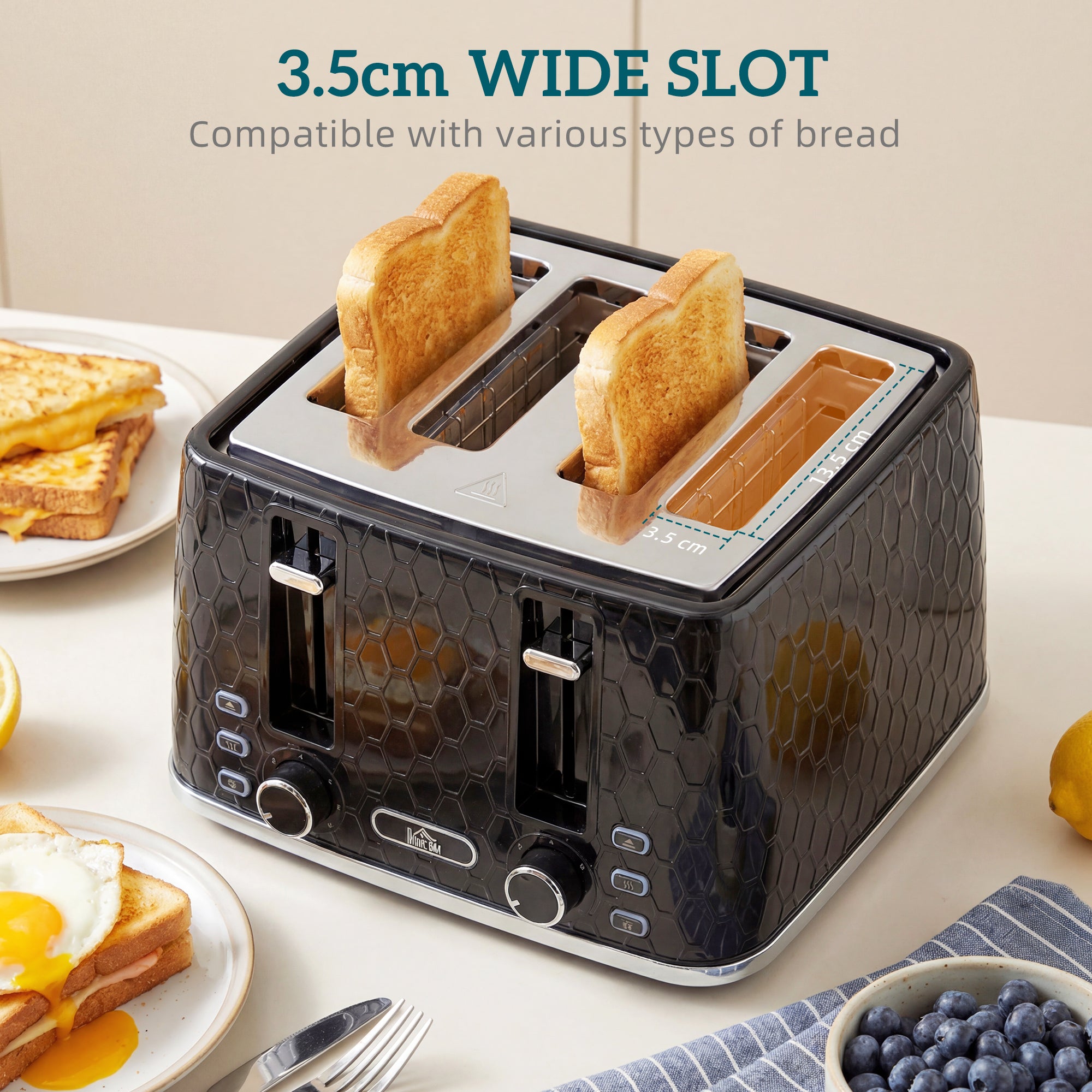 HOMCOM Kettle and Toaster Set, 1.7L 3000W Rapid Kettle with Strix Thermostat, 4 Slice Toaster with 7 Browning Controls, Black