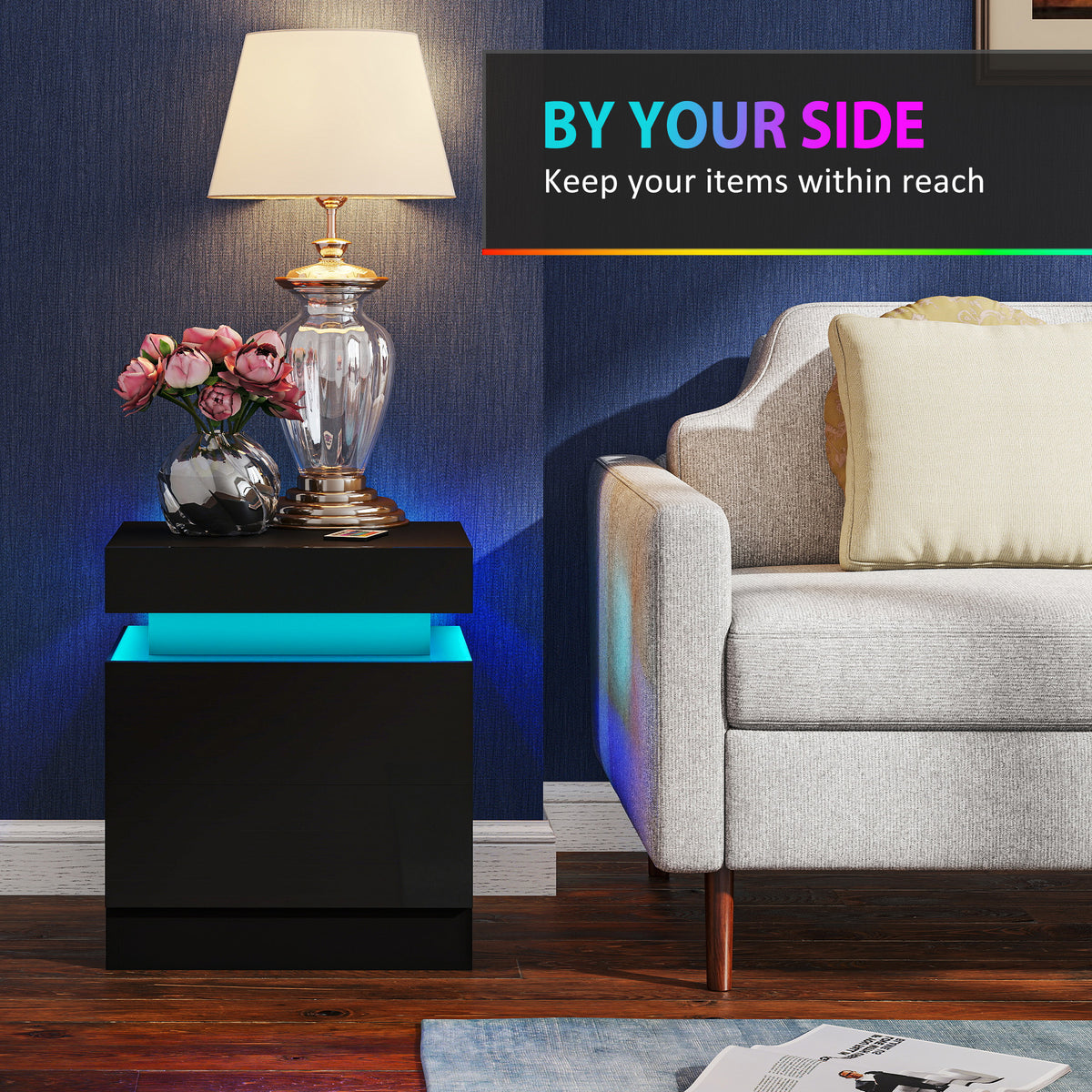 HOMCOM Black Bedside Table with LED Light, High Gloss Front Nightstand with 2 Drawers, for Living Room, Bedroom, Set of 2