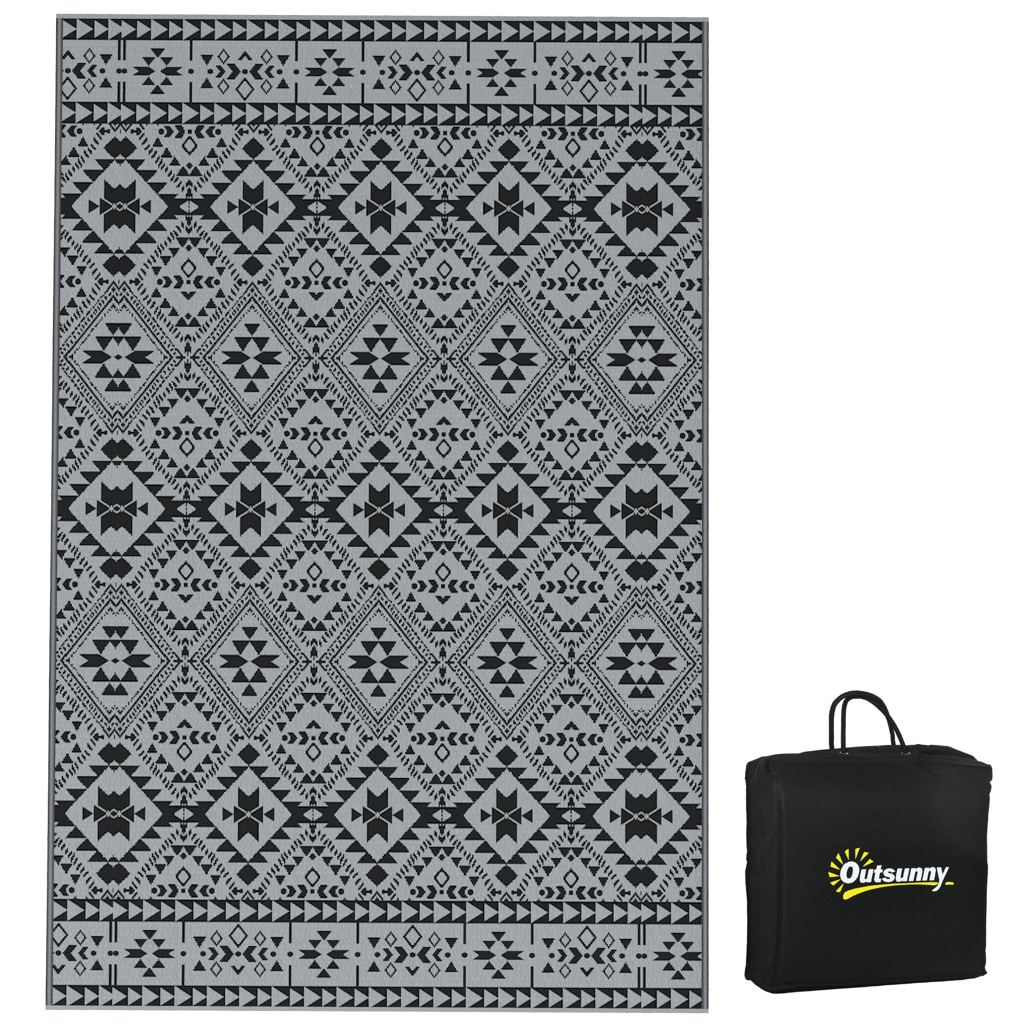 Outsunny 182 x 274cm Reversible Patterned Outdoor Rug, with Bag - Black/Grey - North Peak Garden Furniture