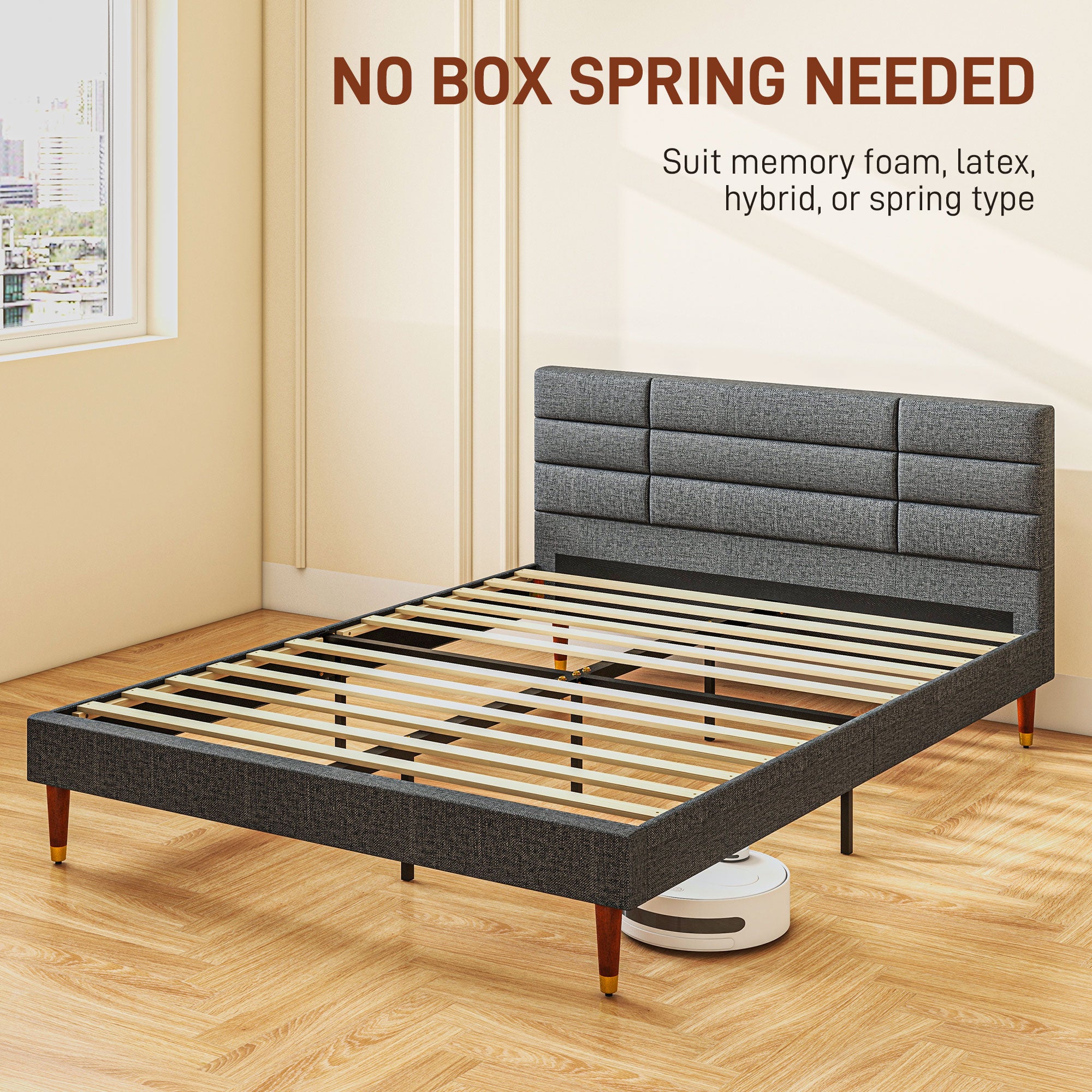 HOMCOM Upholstered King Bed Frame, with Slats - Grey - North Peak Garden Furniture