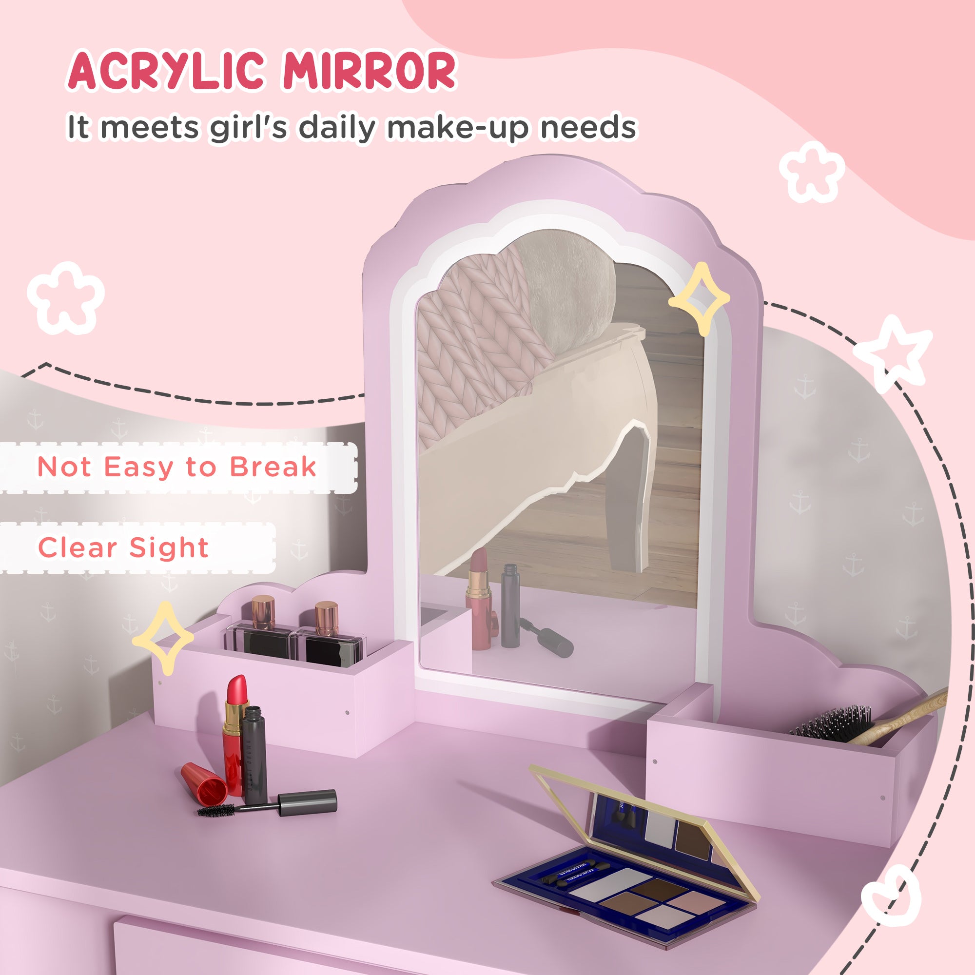 ZONEKIZ Kids Vanity Table with Mirror, Stool, Drawer, Storage Boxes, Cloud Design, for Ages 3-6 Years - Pink - North Peak Garden Furniture