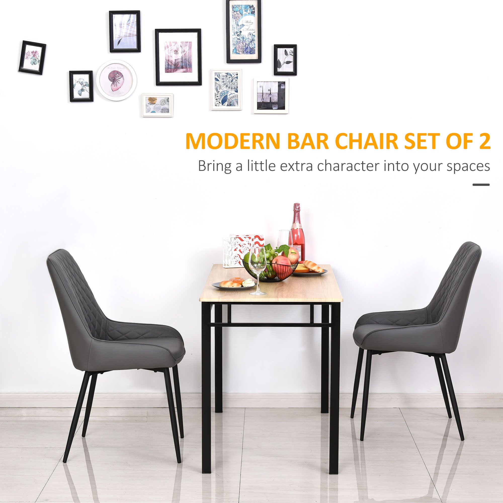 HOMCOM Set Of 2 Quilted PU Leather Dining Chairs with Metal Frame 4 Legs Foot Caps Home Seating Modern Stylish Executive Grey - North Peak Garden Furniture