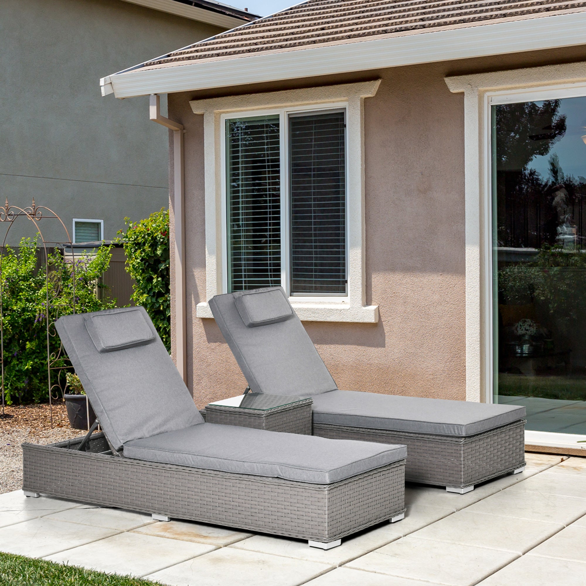 Outsunny 3PC Rattan Sun Lounger, Garden Furniture with Side Table, 5-Position Adjustable Recline Chair, Grey