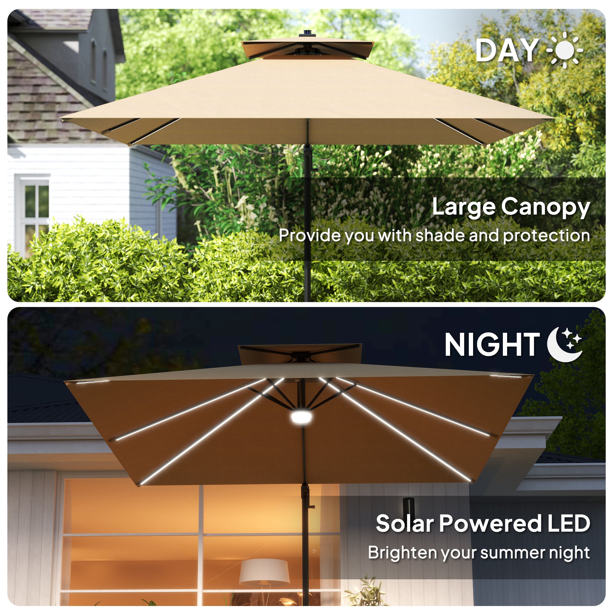 Outsunny 2.5m Cantilever Parasol with Solar Powered LED Lights, 360° Rotation, Tilt Adjustment, Crank Handle, Khaki - North Peak Garden Furniture