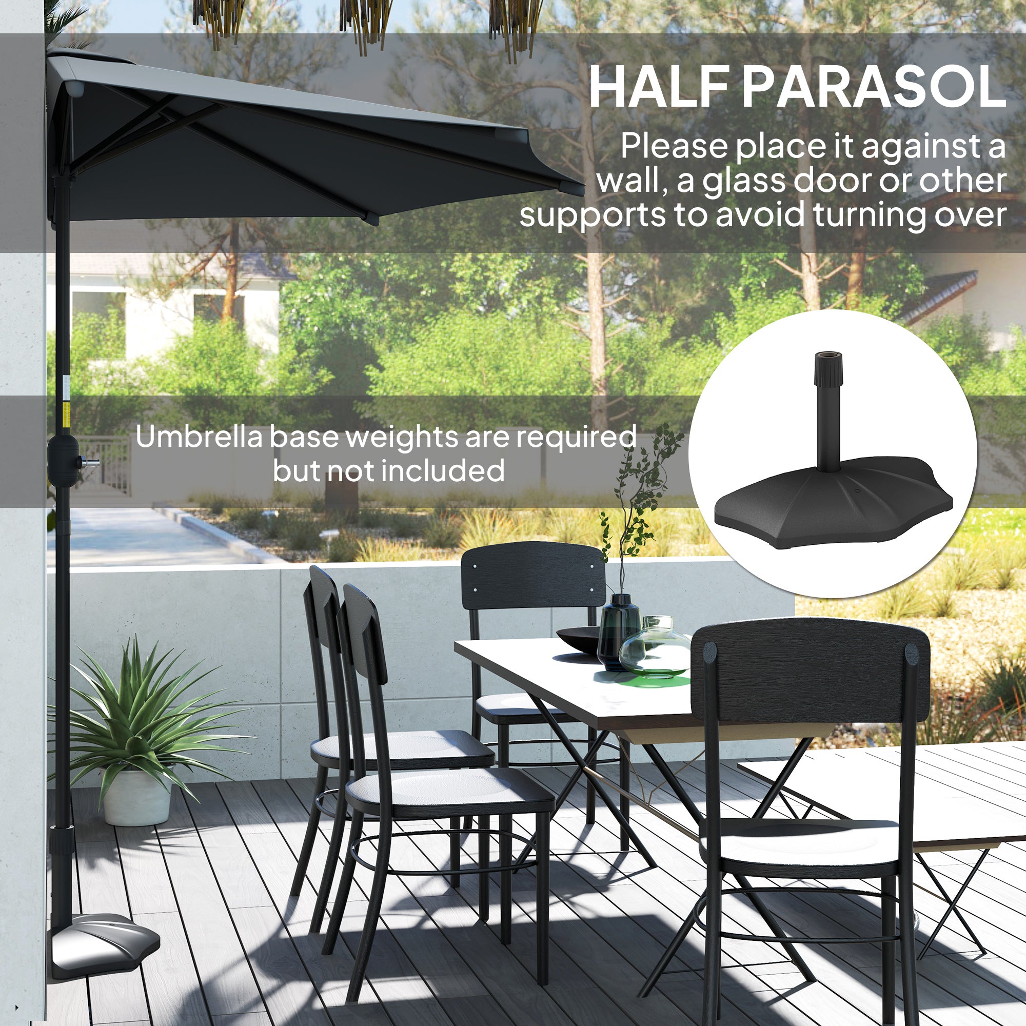 Outsunny 3(m) Half Parasol, Semi Round Umbrella with Metal Frame, Crank Handle for Balcony, Garden, Dark Grey - North Peak Garden Furniture