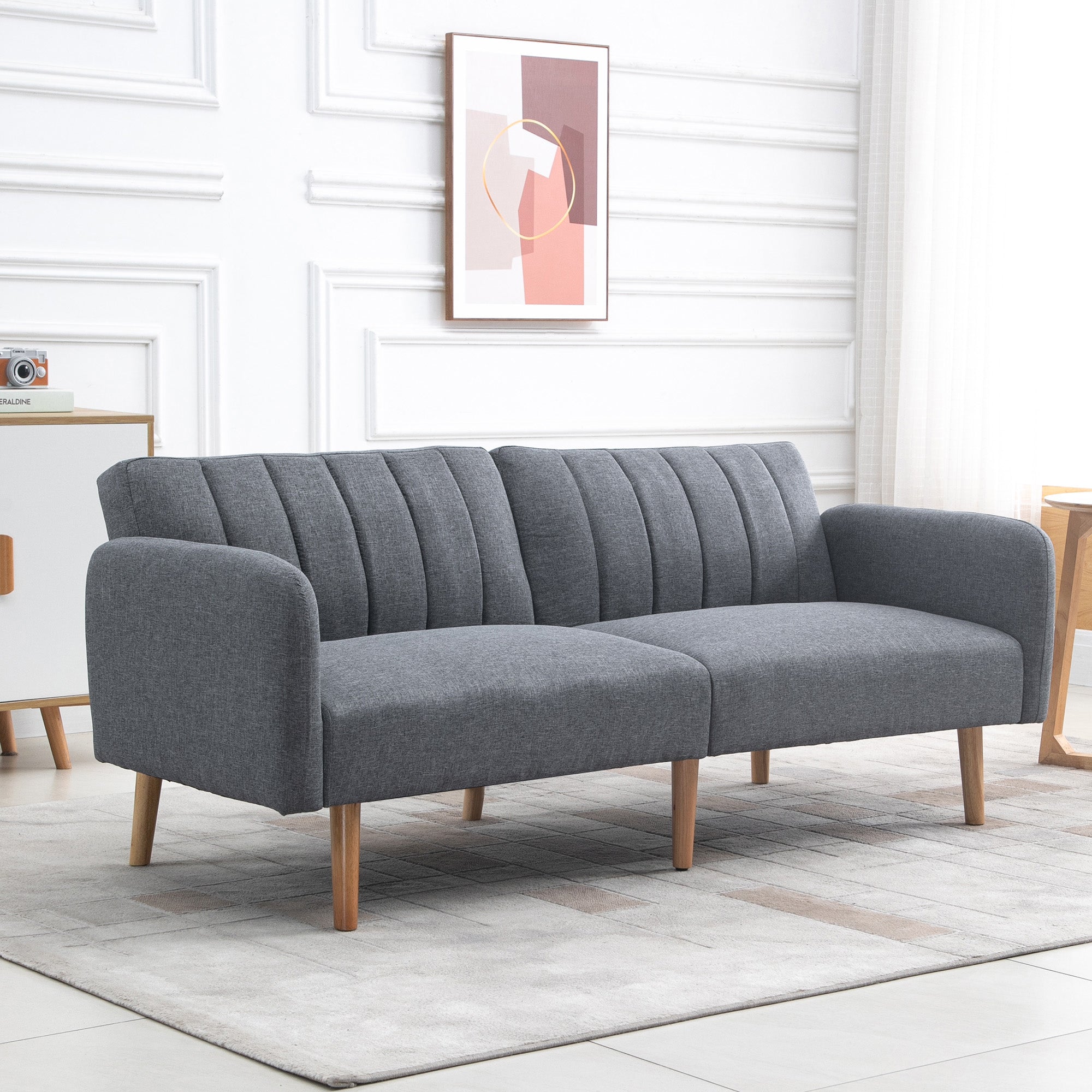 HOMCOM Two Seater Sofa Bed, Convertible Linen Fabric Sofa Couch, Click Clack Sofabed with Adjustable Split Backrest for Living Room, Bedroom, Guest Room, Grey - North Peak Garden Furniture
