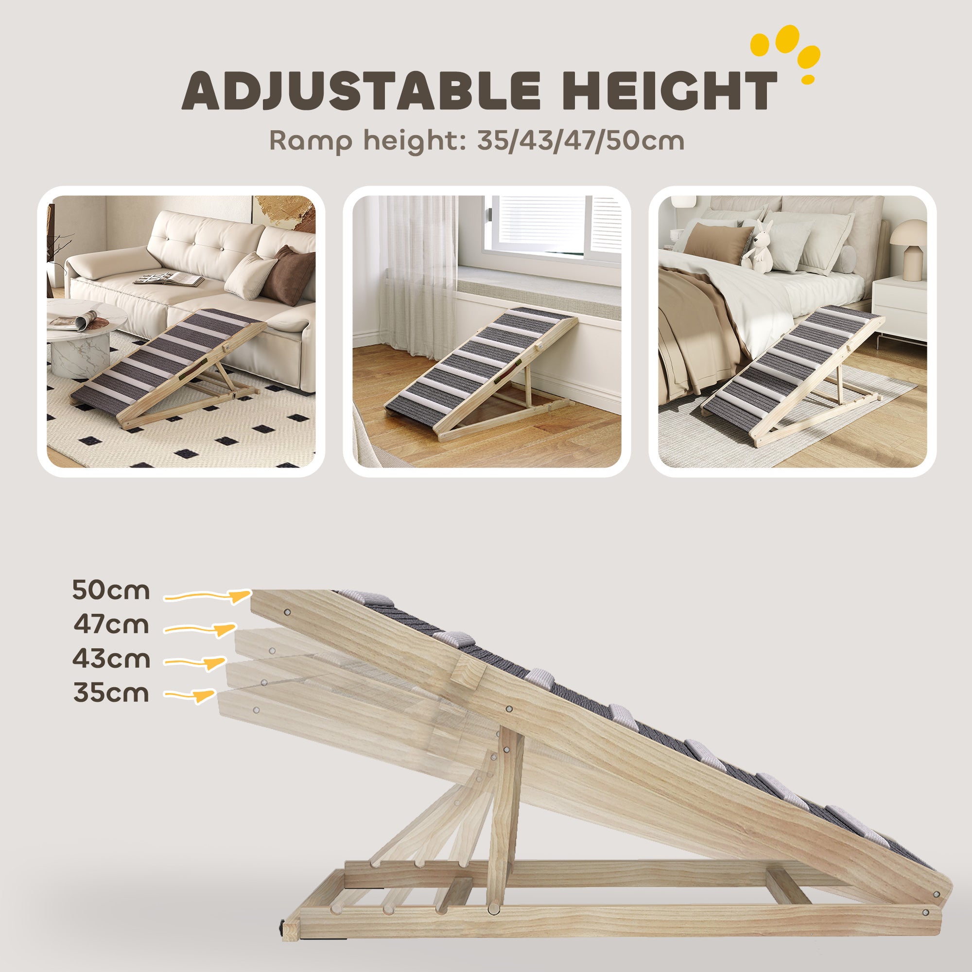 PawHut Dog Ramp for Couch, Adjustable Folding Pet Ramp, 4 Adjustable Height Dog Climbing Ladder, 35/43/47/50 cm Height