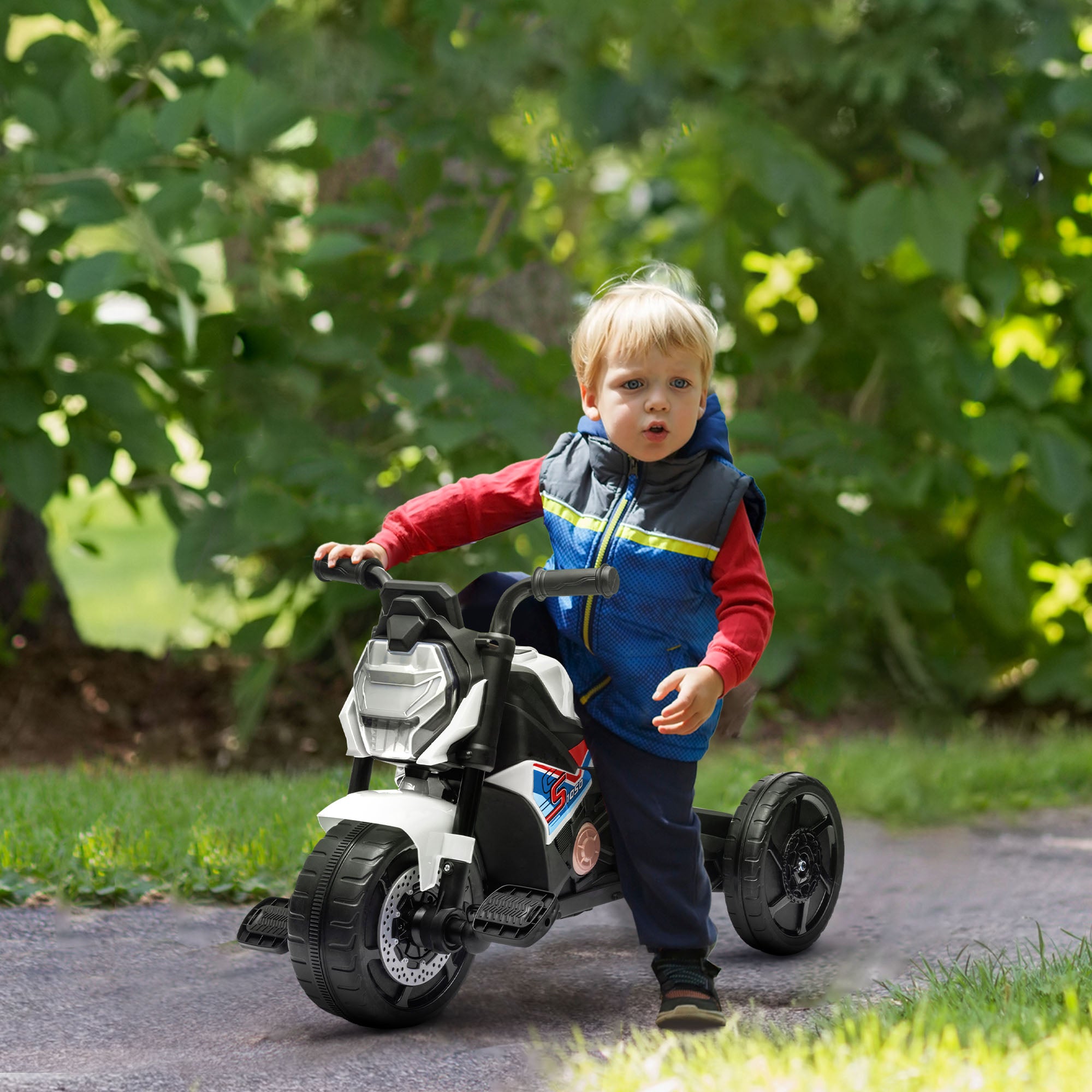 AIYAPLAY Motorcycle Design, 3 in 1 Toddler Trike, Sliding Car, Balance Bike with Headlight, Music, Horn, White - North Peak Garden Furniture