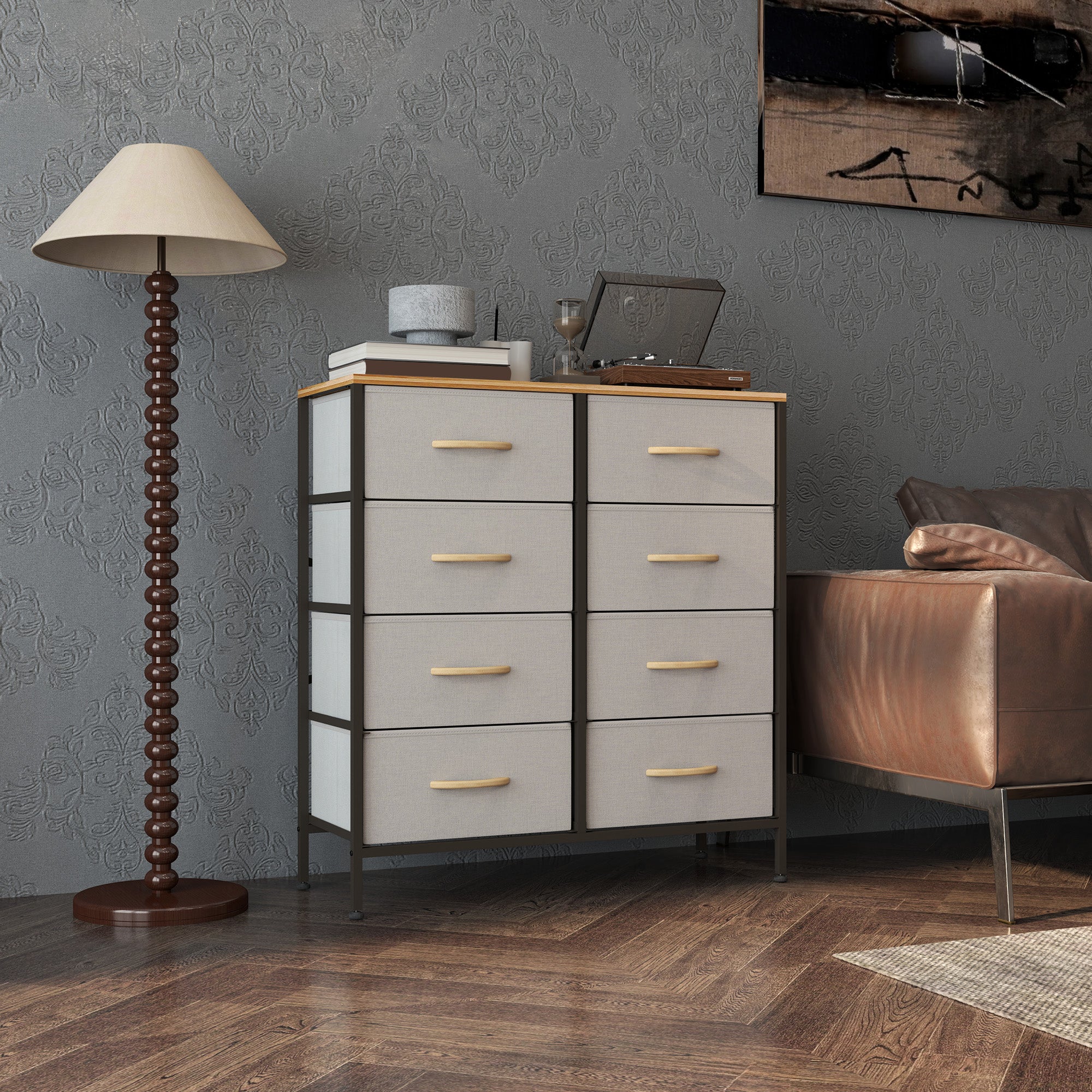HOMCOM Fabric Chest of Drawers, Storage Drawers, Industrial Bedroom Dresser with 8 Fabric Drawers, Steel Frame and Wooden Top for Nursery, Living Room, Hallway, Cream White - North Peak Garden Furniture
